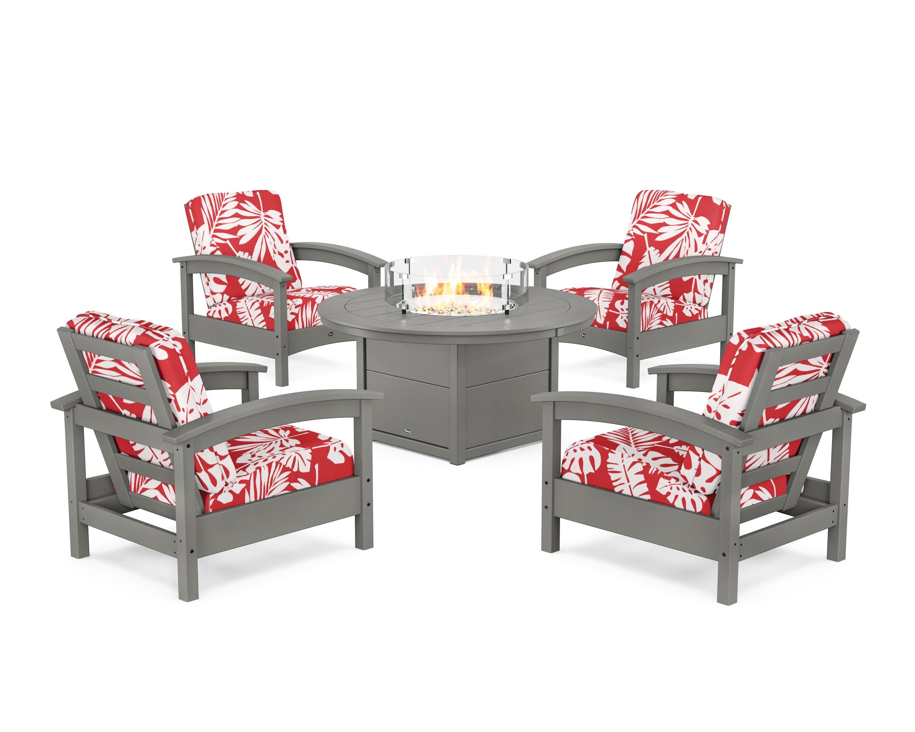 Rockport 5-Piece Deep Seating Set with Round Fire Pit Table in Stepping Stone / Leaf Crimson
