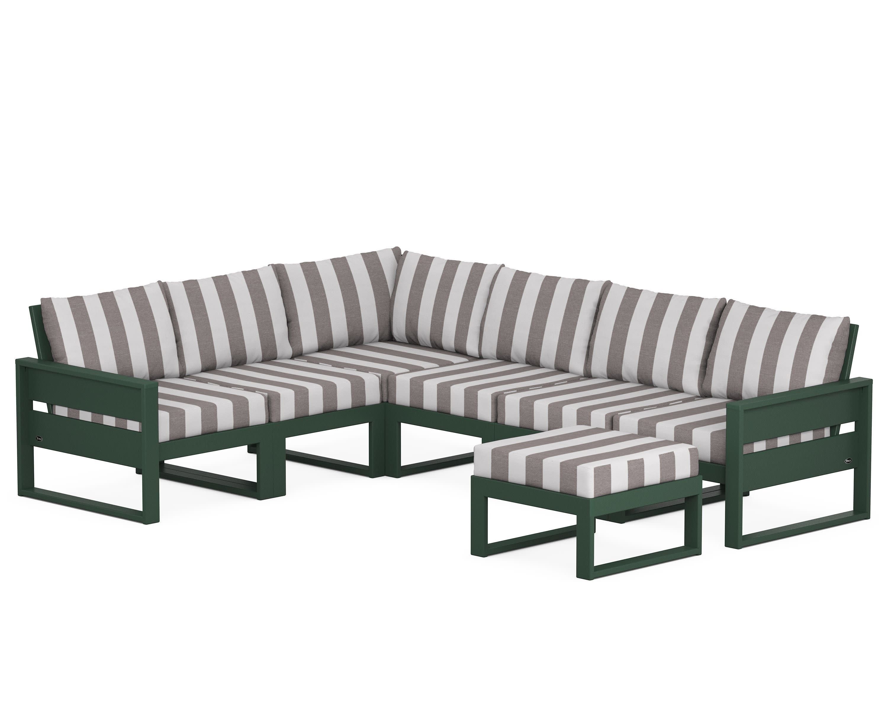 Eastport 6-Piece Sectional with Ottoman in Rainforest Canopy / Cabana Stripe Grey Mist