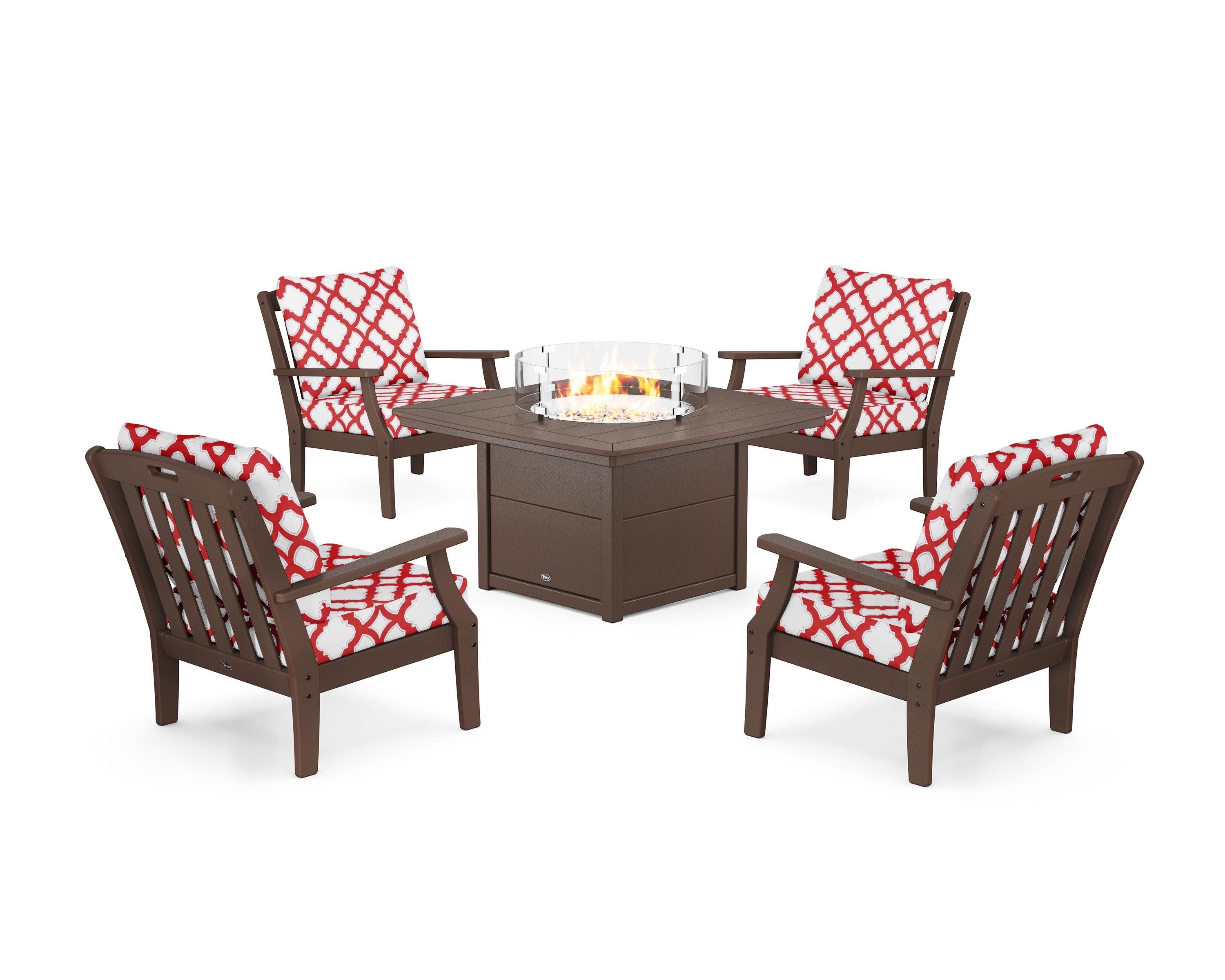 Yacht Club 5-Piece Deep Seating Set with Fire Pit Table in Vintage Lantern / Trellis Crimson