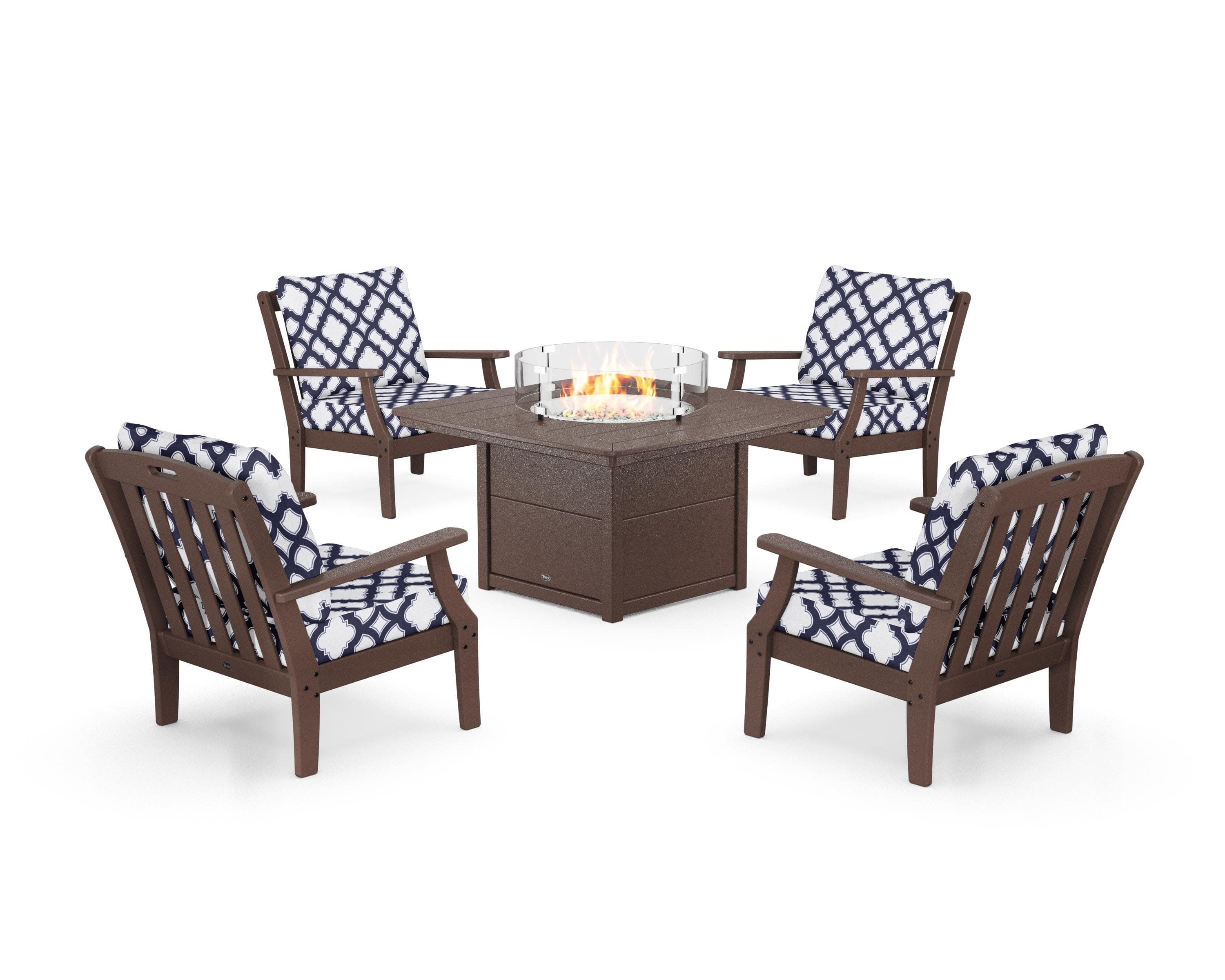 Yacht Club 5-Piece Deep Seating Set with Fire Pit Table in Vintage Lantern / Trellis Navy