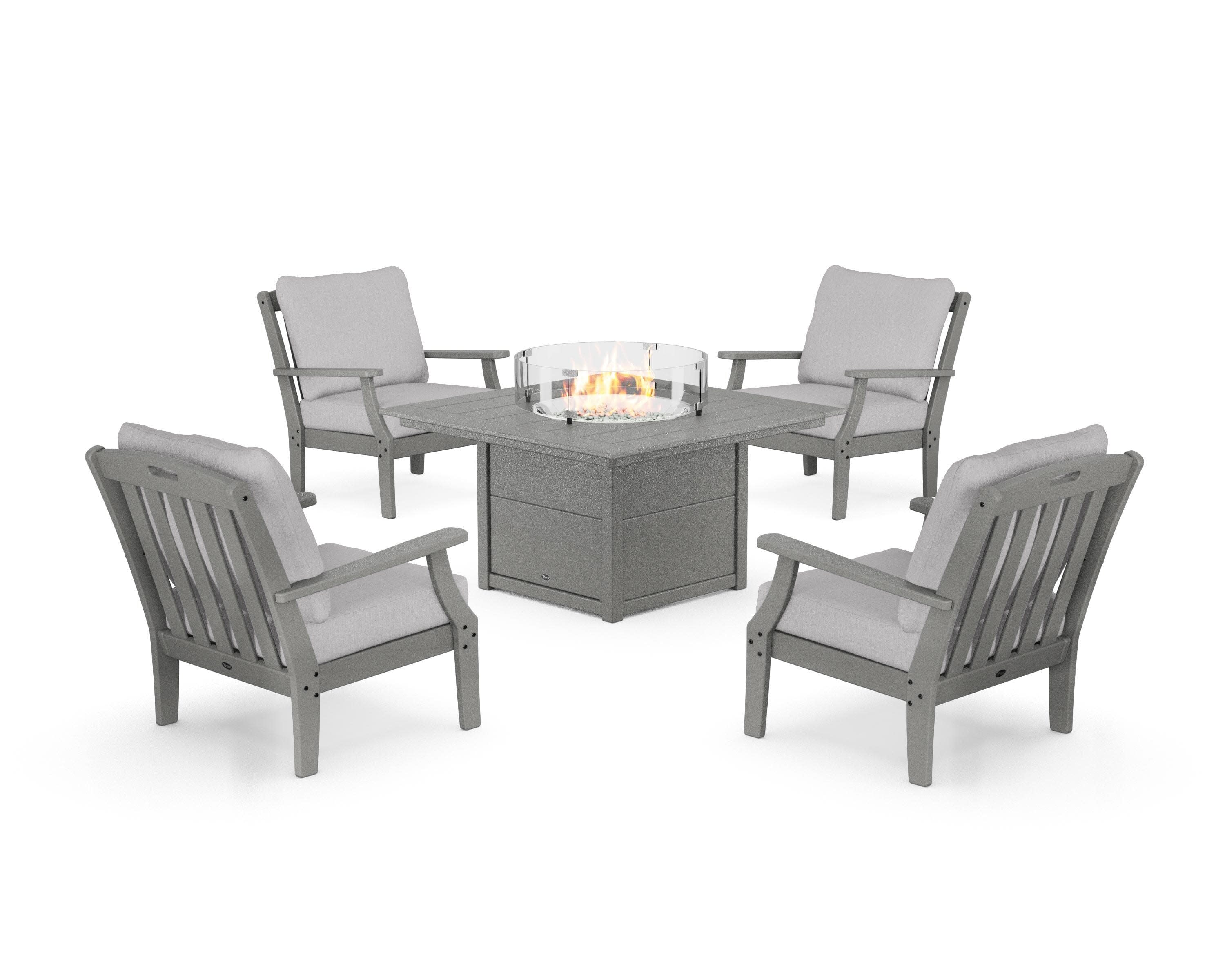 Yacht Club 5-Piece Deep Seating Set with Square Fire Pit Table in Stepping Stone / Granite