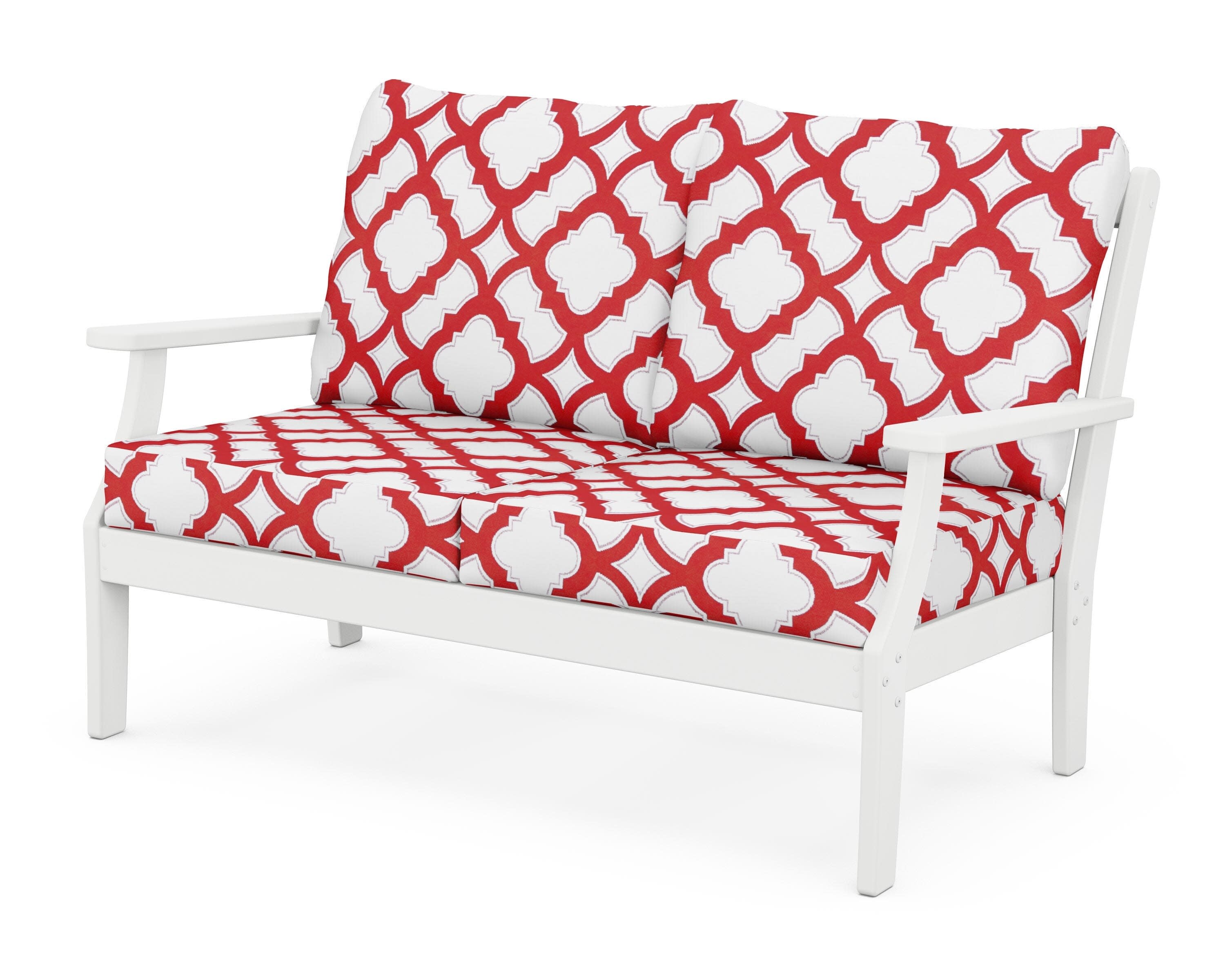 Yacht Club Deep Seating Loveseat in Classic White / Trellis Crimson
