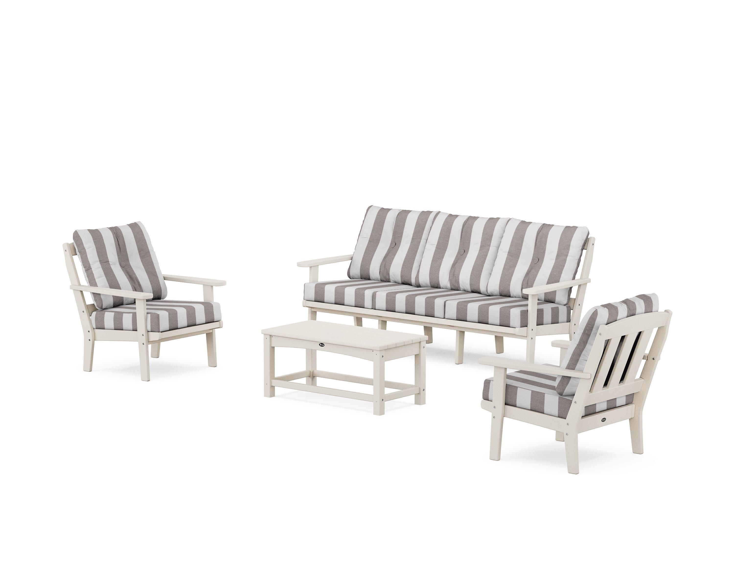 Cape Cod 4-Piece Deep Seating Set with Sofa in Sand Castle / Cabana Stripe Grey Mist