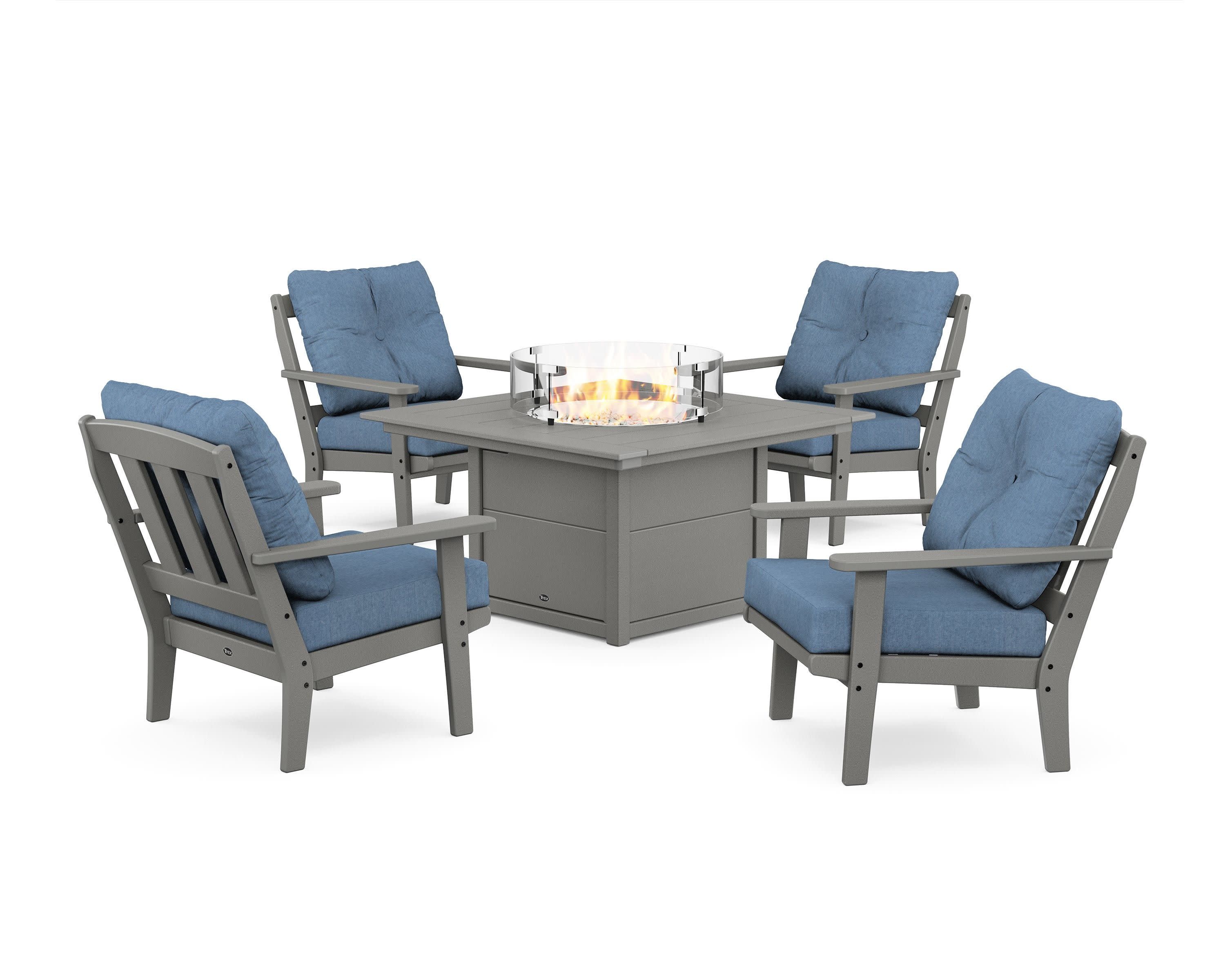 Cape Cod 5-Piece Deep Seating Set with Fire Pit Table in Stepping Stone / Sky Blue