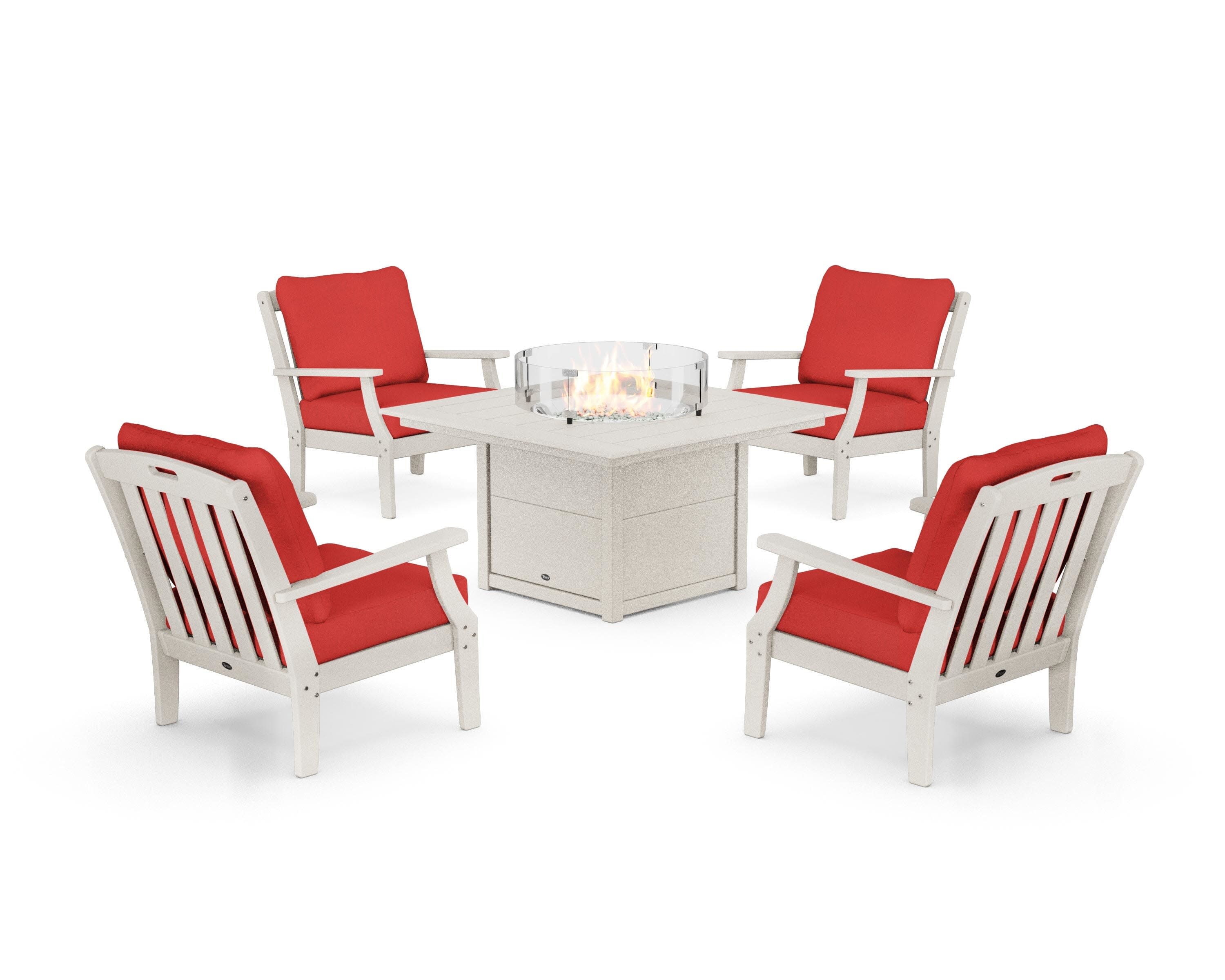 Yacht Club 5-Piece Deep Seating Set with Square Fire Pit Table in Sand Castle / Crimson Linen