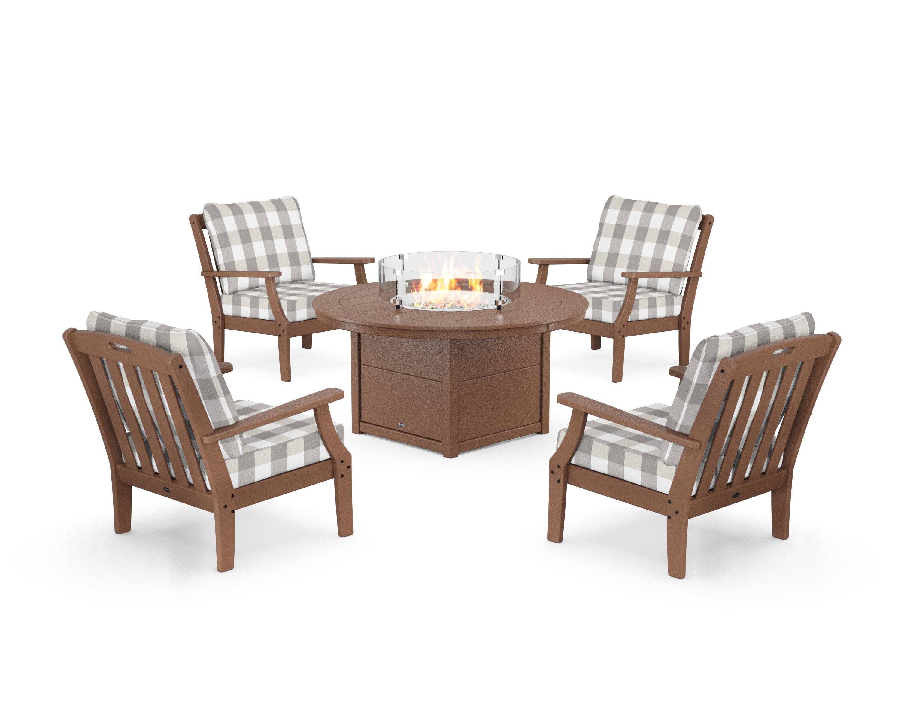 Yacht Club 5-Piece Deep Seating Set with Round Fire Pit Table in Tree House / Buffalo Plaid Grey Mist
