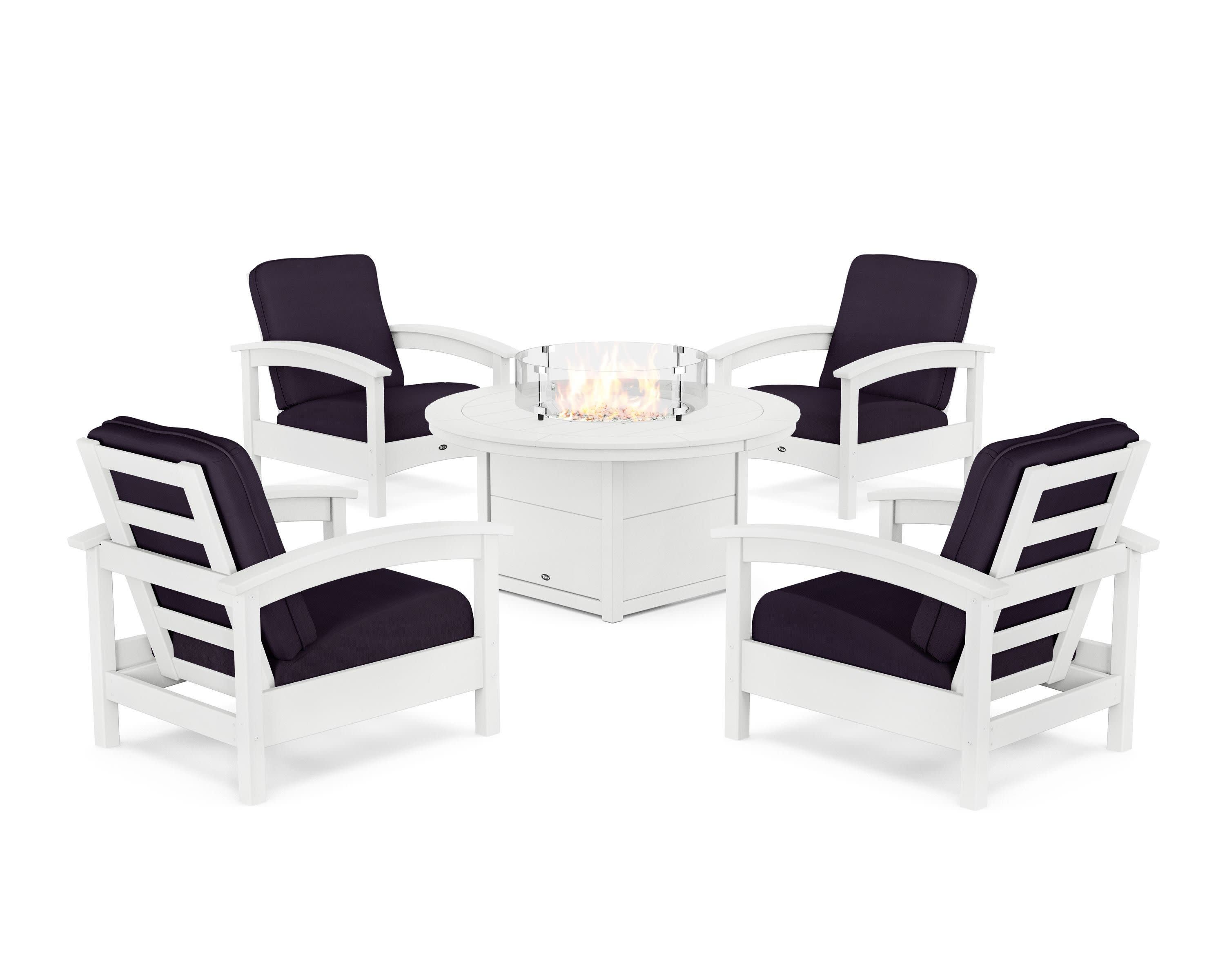 Rockport 5-Piece Deep Seating Set with Round Fire Pit Table in Classic White / Navy Linen