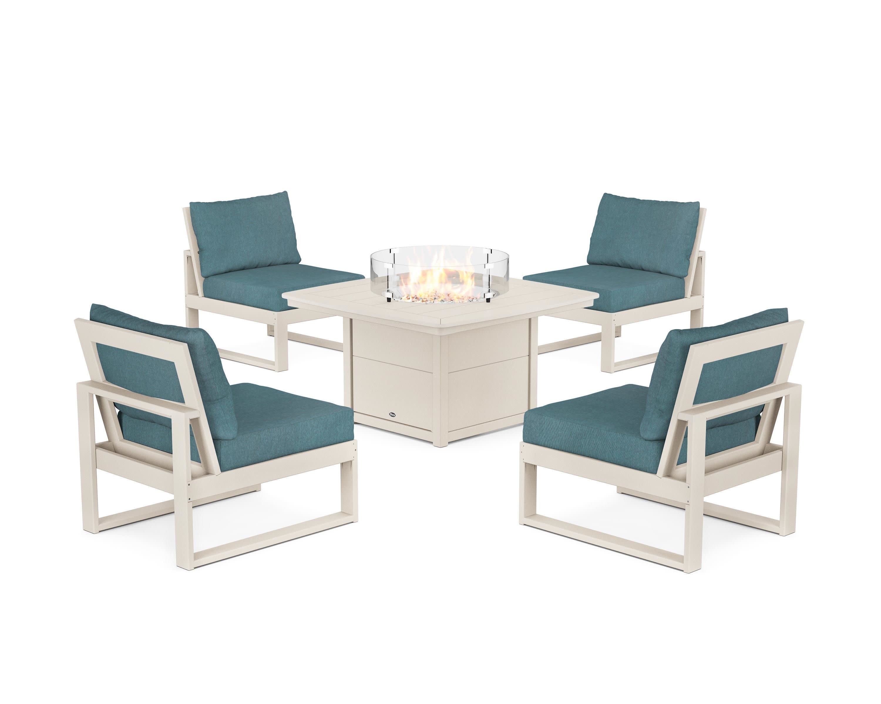 Eastport Modular 5-Piece Deep Seating Set with Yacht Club Fire Pit Table in Sand Castle / Ocean Teal