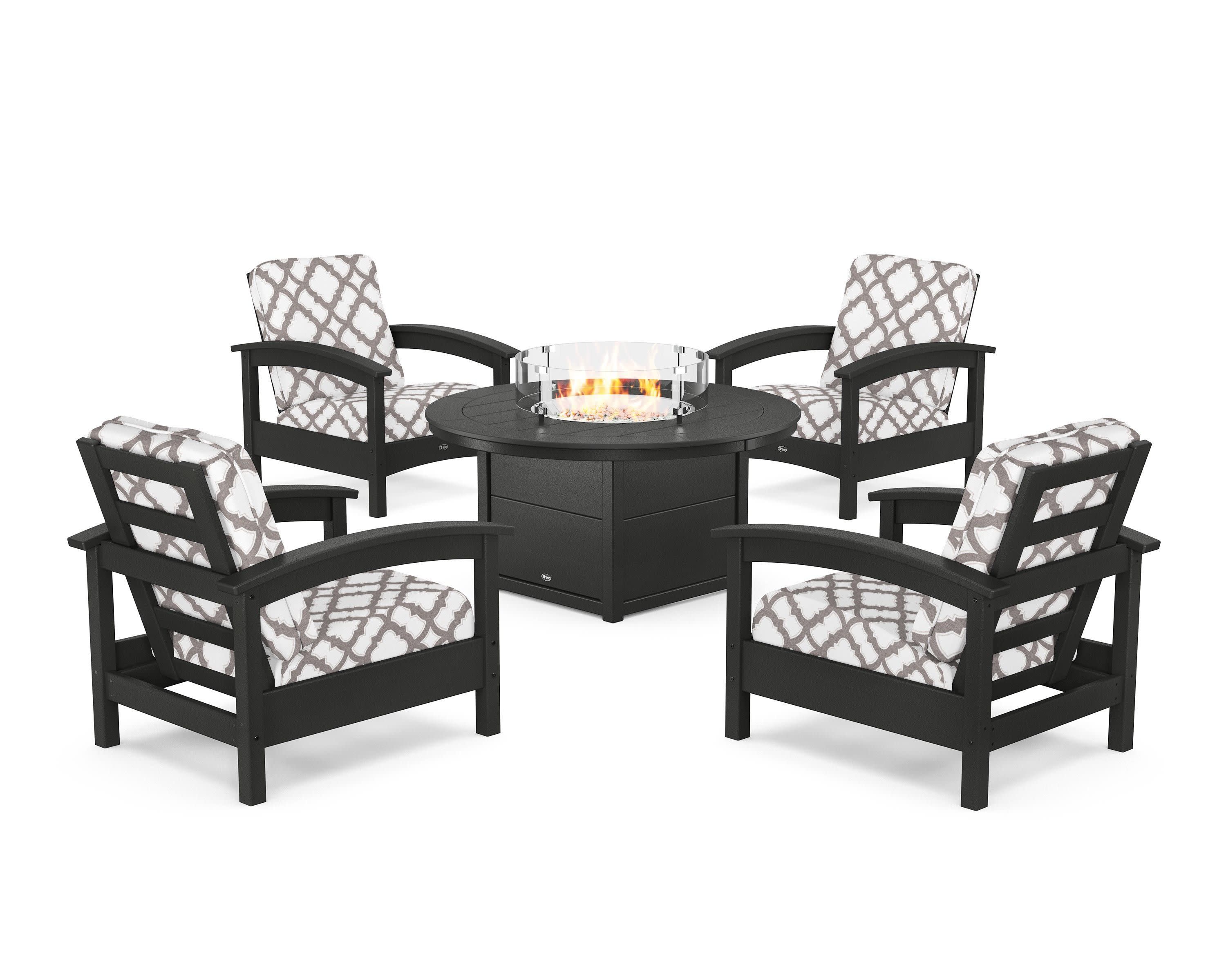 Rockport 5-Piece Deep Seating Set with Round Fire Pit Table in Charcoal Black / Trellis Grey Mist