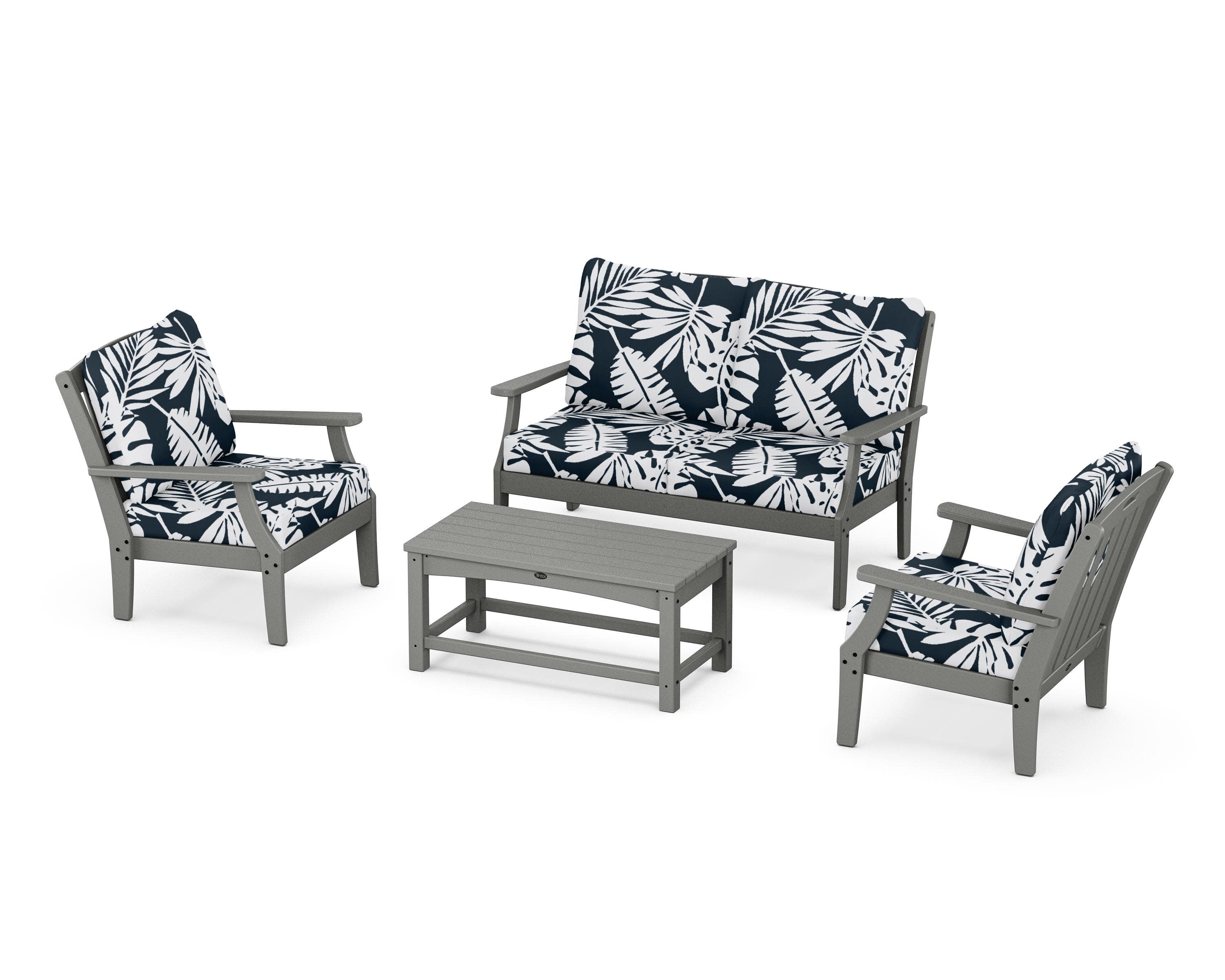 Yacht Club 4-Piece Deep Seating Chair Set in Stepping Stone / Leaf Marine Indigo