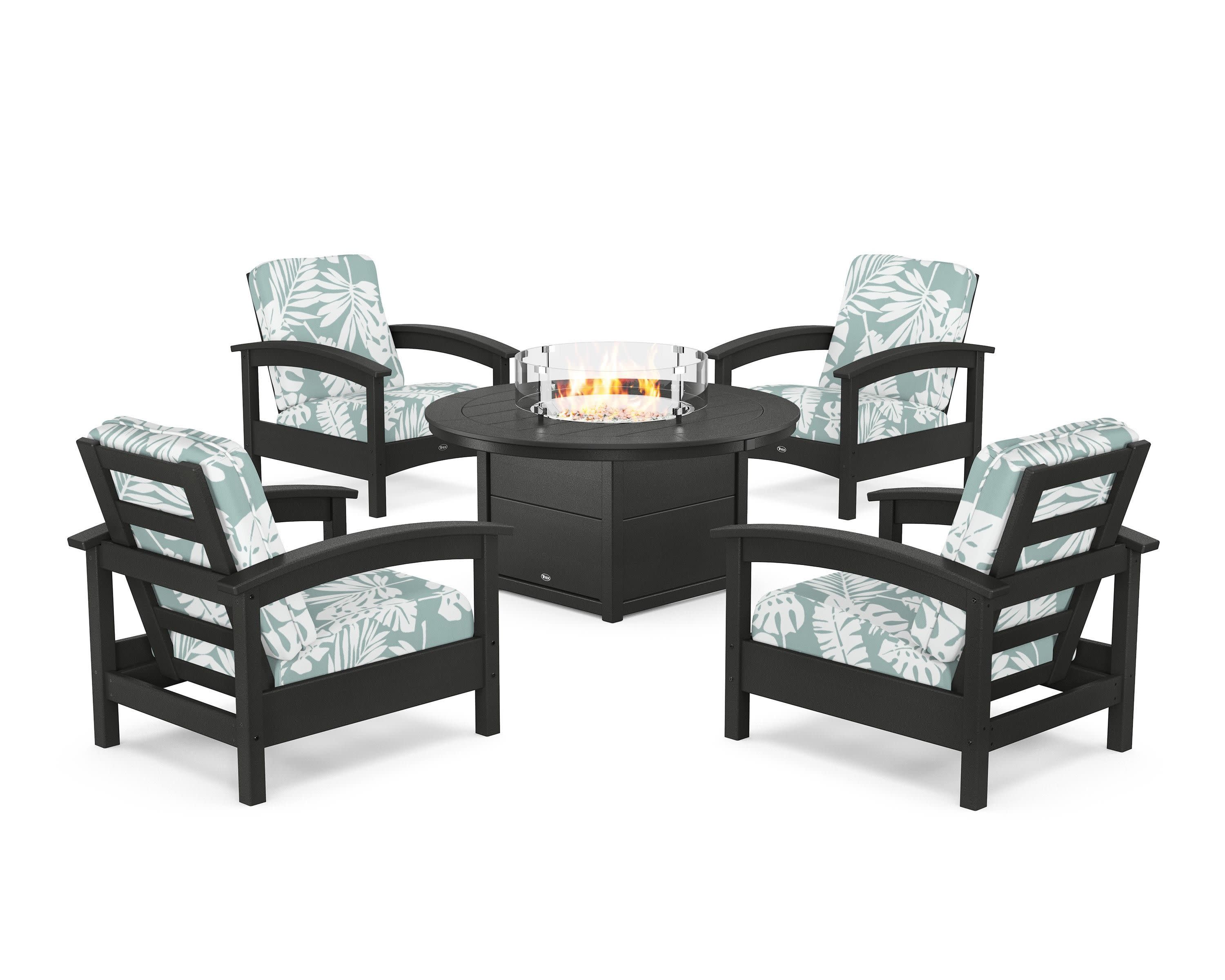 Rockport 5-Piece Deep Seating Set with Round Fire Pit Table in Charcoal Black / Leaf Glacier Spa