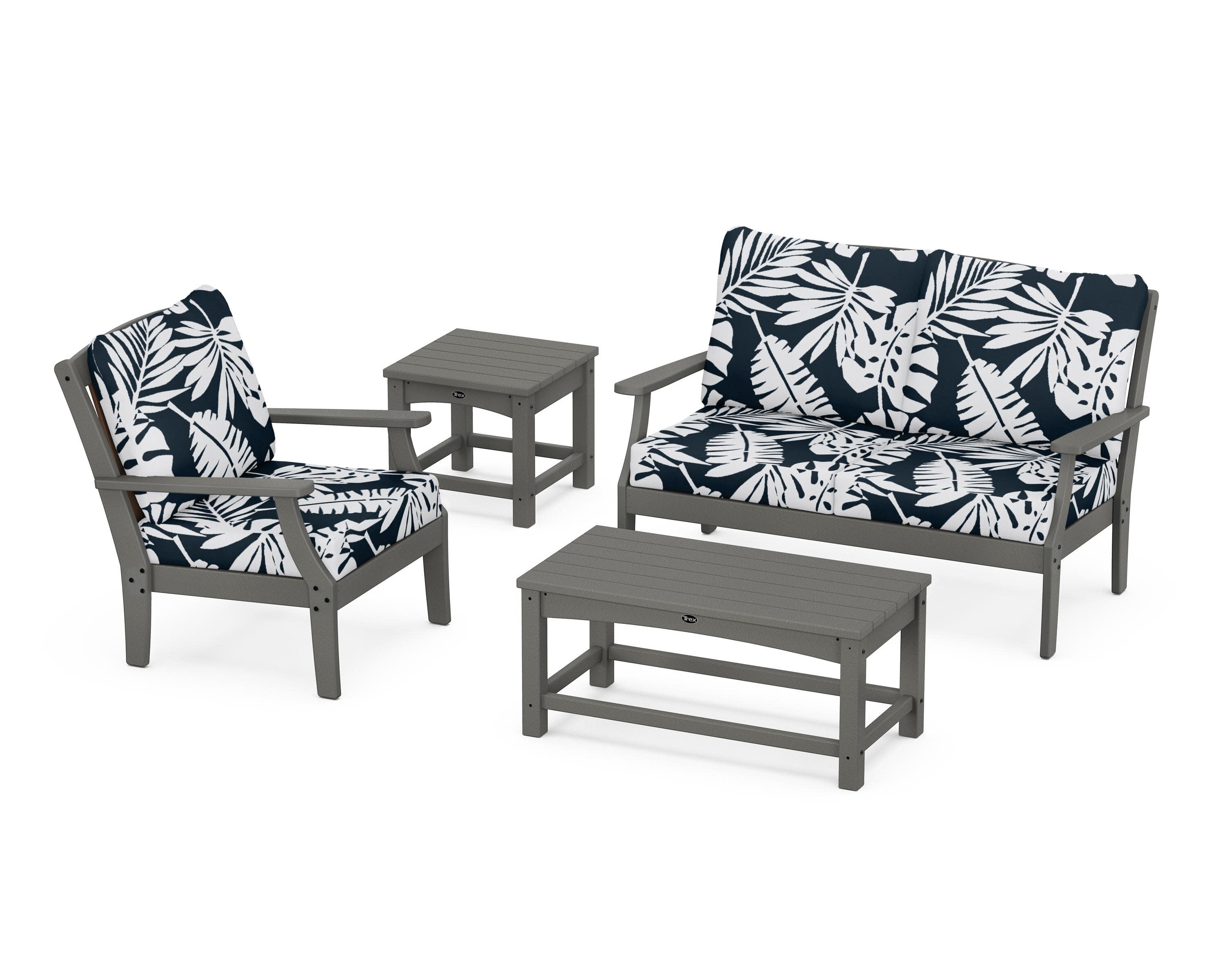 Yacht Club 4-Piece Deep Seating Set in Stepping Stone / Leaf Marine Indigo