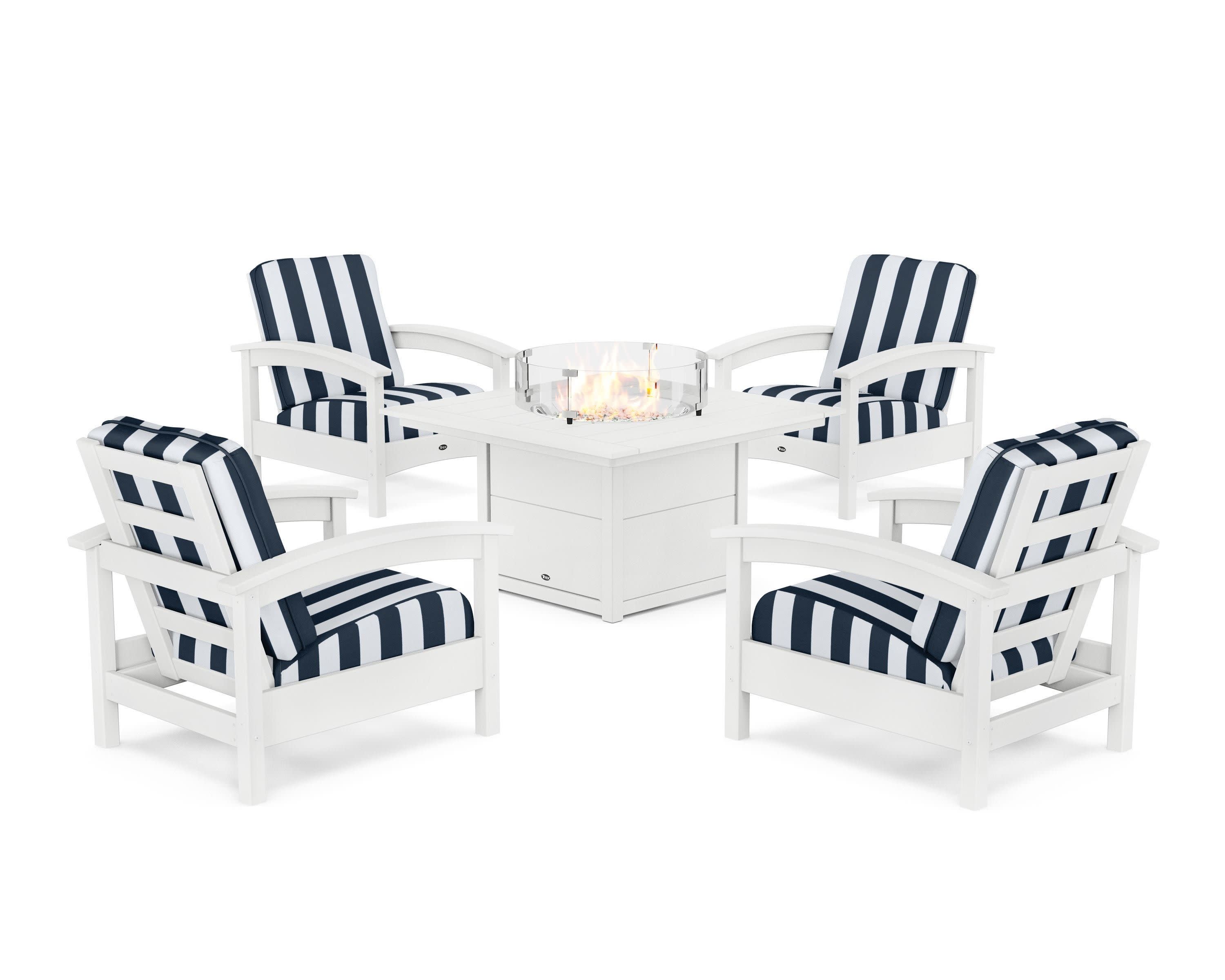 Rockport 5-Piece Deep Seating Set with Square Fire Pit Table in Classic White / Cabana Stripe Marine Indigo