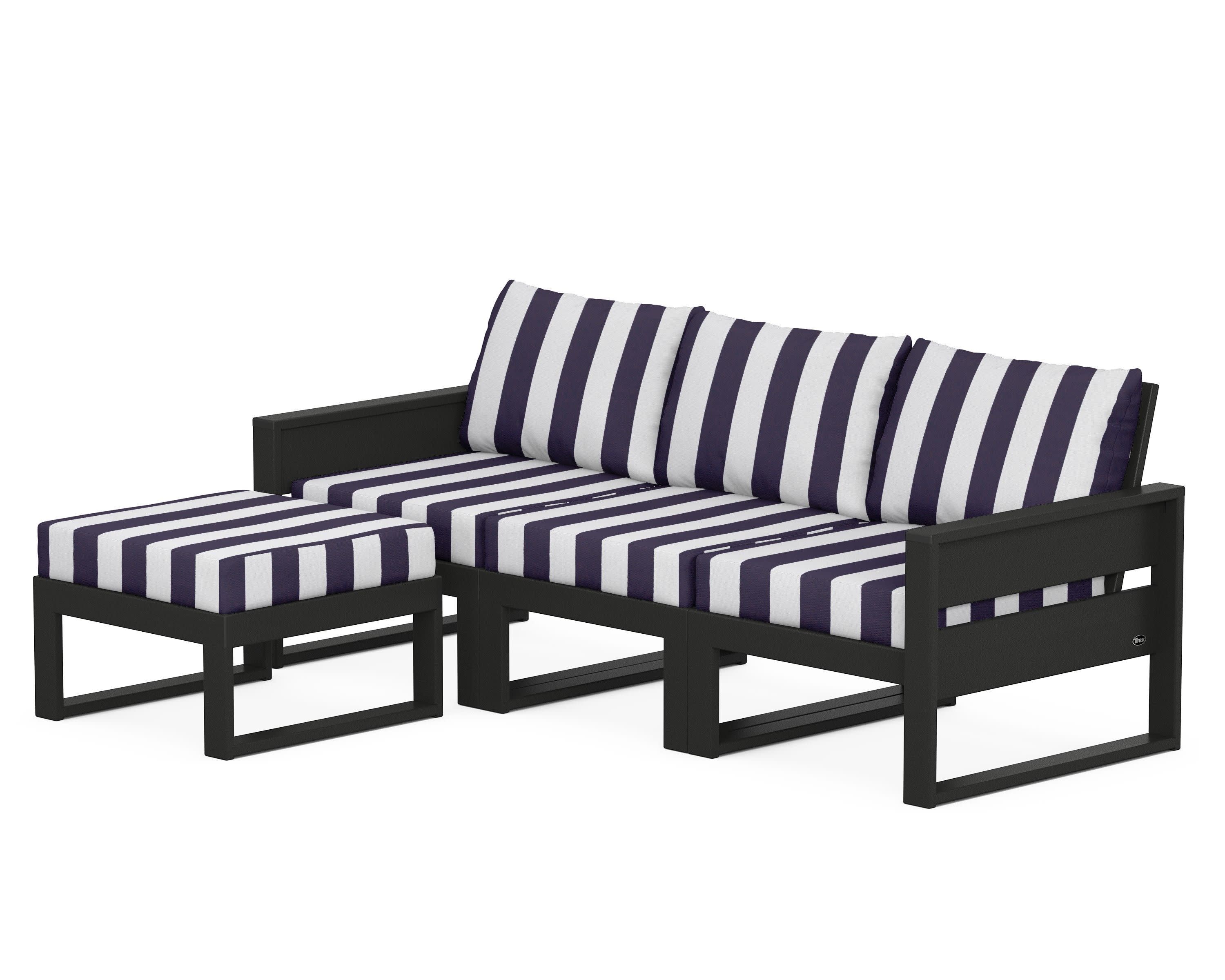 Eastport 4- Piece Sectional with Ottoman in Charcoal Black / Cabana Stripe Navy