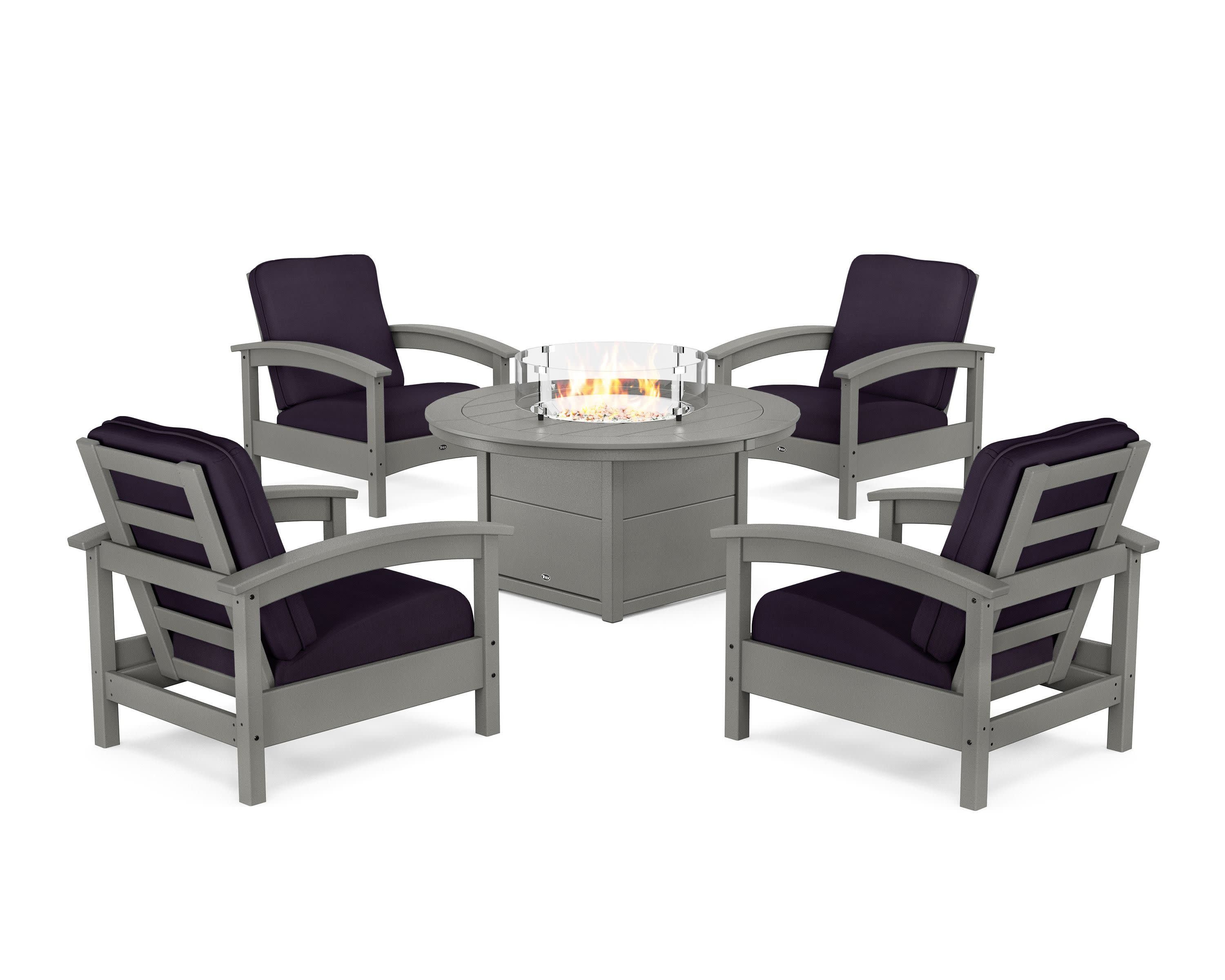 Rockport 5-Piece Deep Seating Set with Round Fire Pit Table in Stepping Stone / Navy Linen