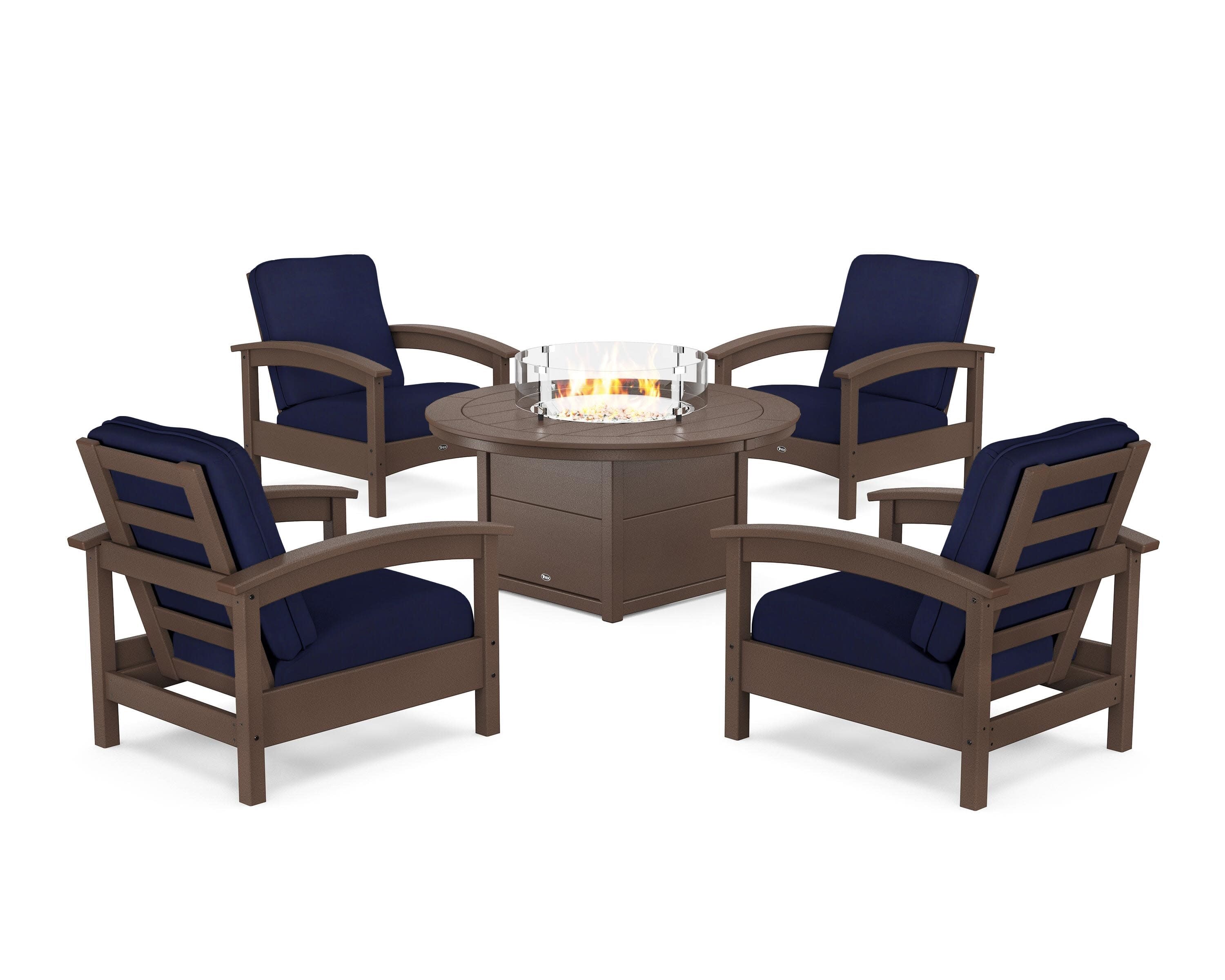 Rockport 5-Piece Deep Seating Set with Round Fire Pit Table in Vintage Lantern / Navy