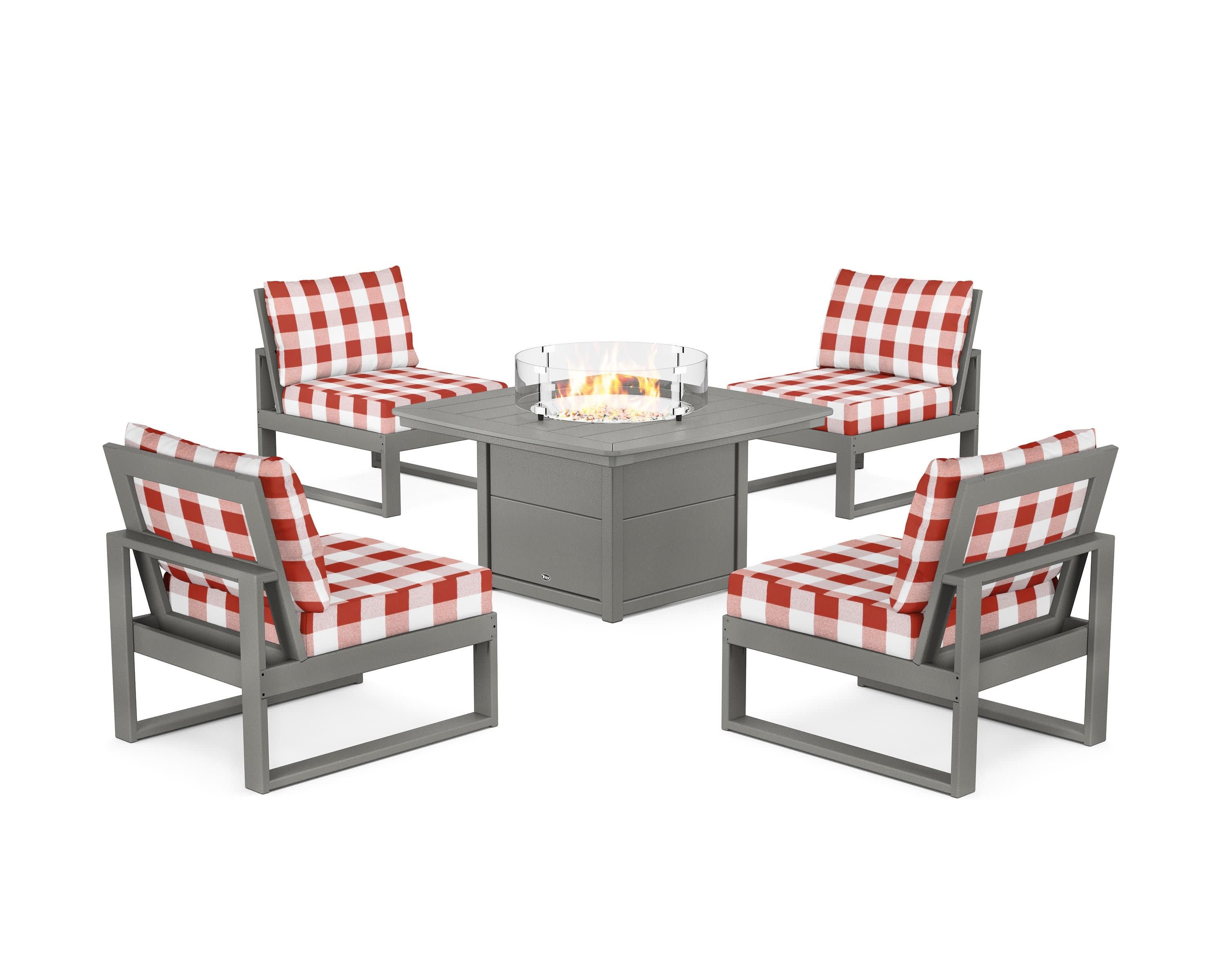 Eastport Modular 5-Piece Deep Seating Set with Yacht Club Fire Pit Table in Stepping Stone / Buffalo Plaid Crimson