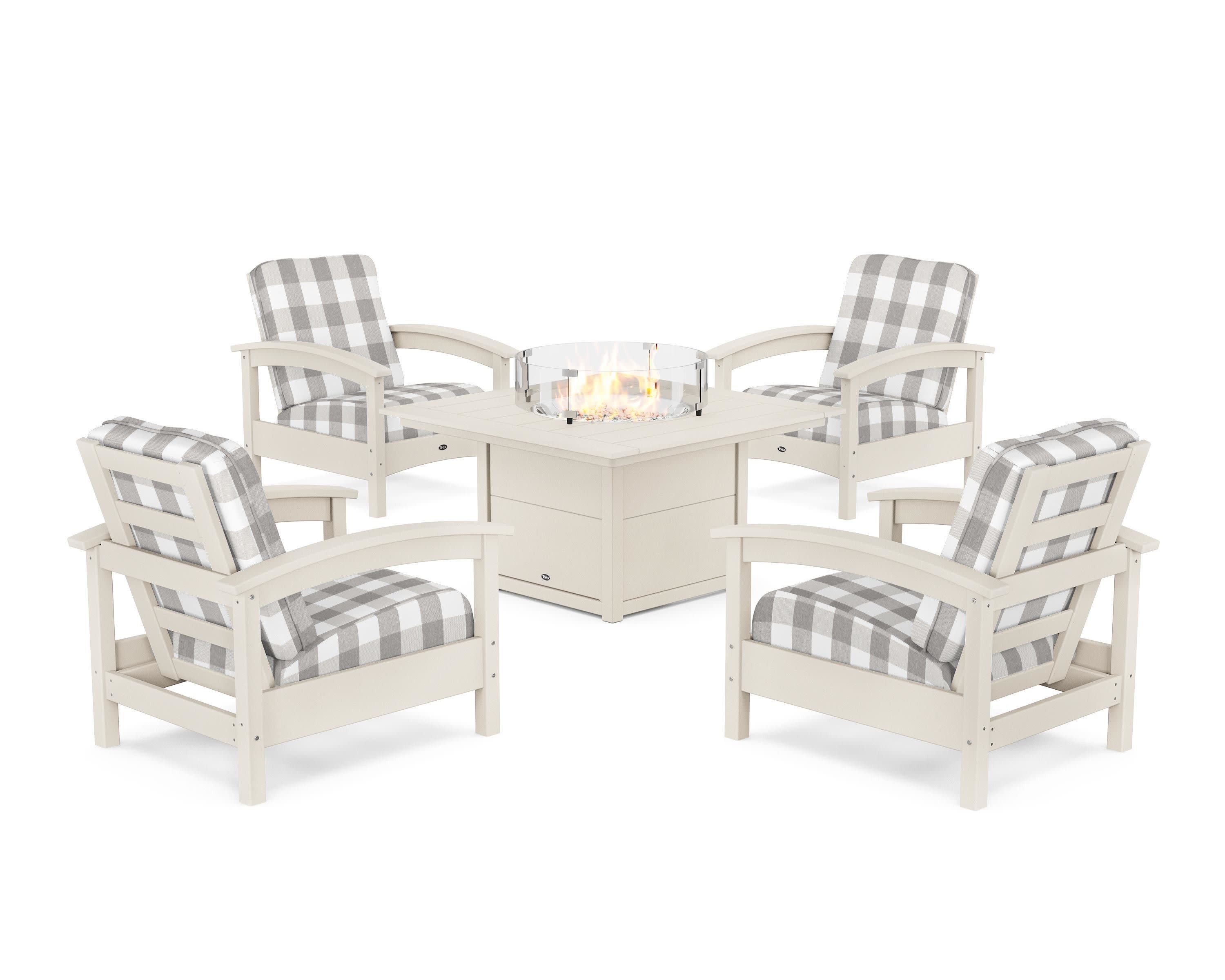 Rockport 5-Piece Deep Seating Set with Square Fire Pit Table in Sand Castle / Buffalo Plaid Grey Mist