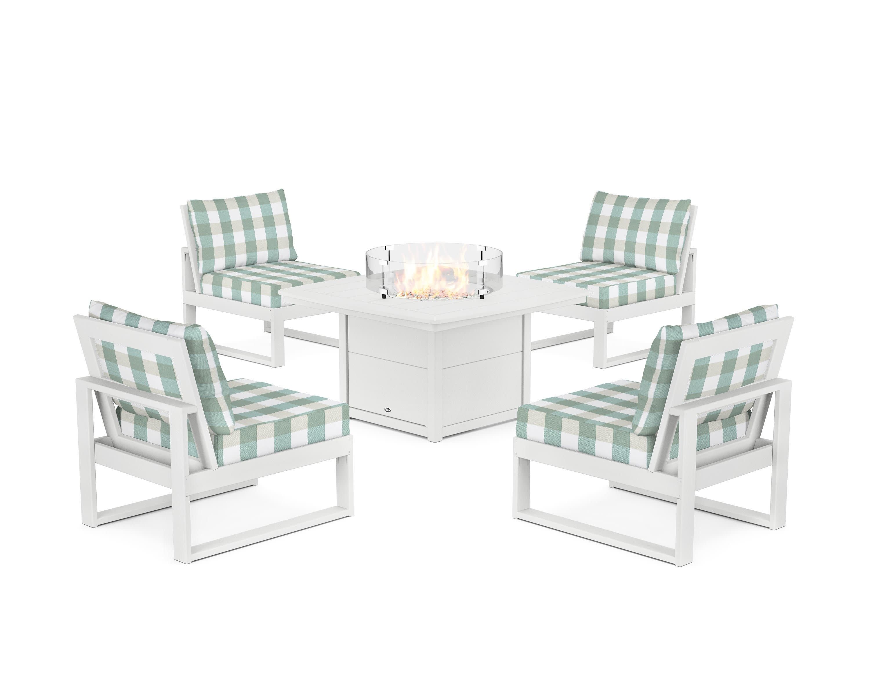 Eastport Modular 5-Piece Deep Seating Set with Yacht Club Fire Pit Table in Classic White / Buffalo Plaid Glacier Spa