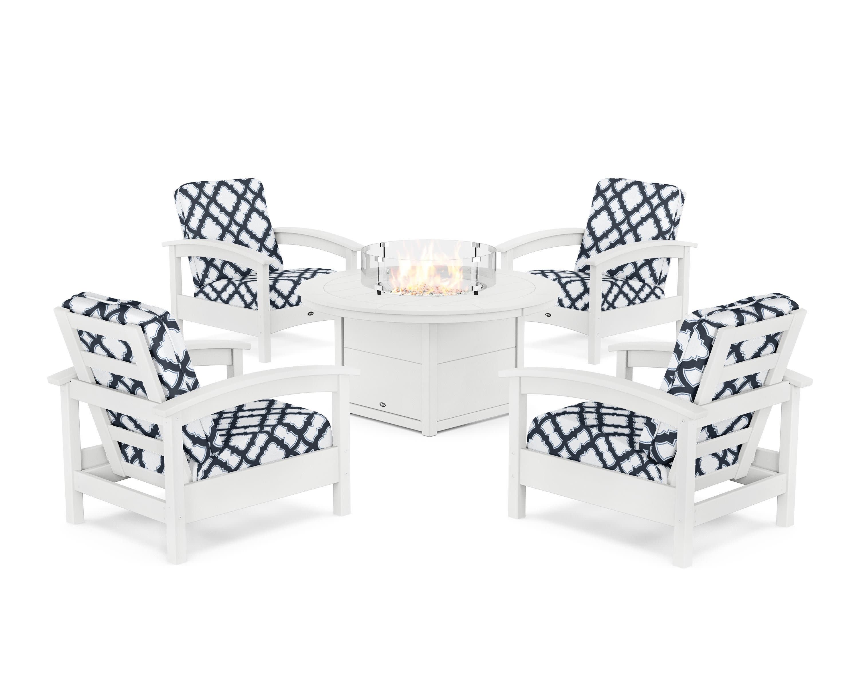 Rockport 5-Piece Deep Seating Set with Round Fire Pit Table in Classic White / Trellis Marine Indigo
