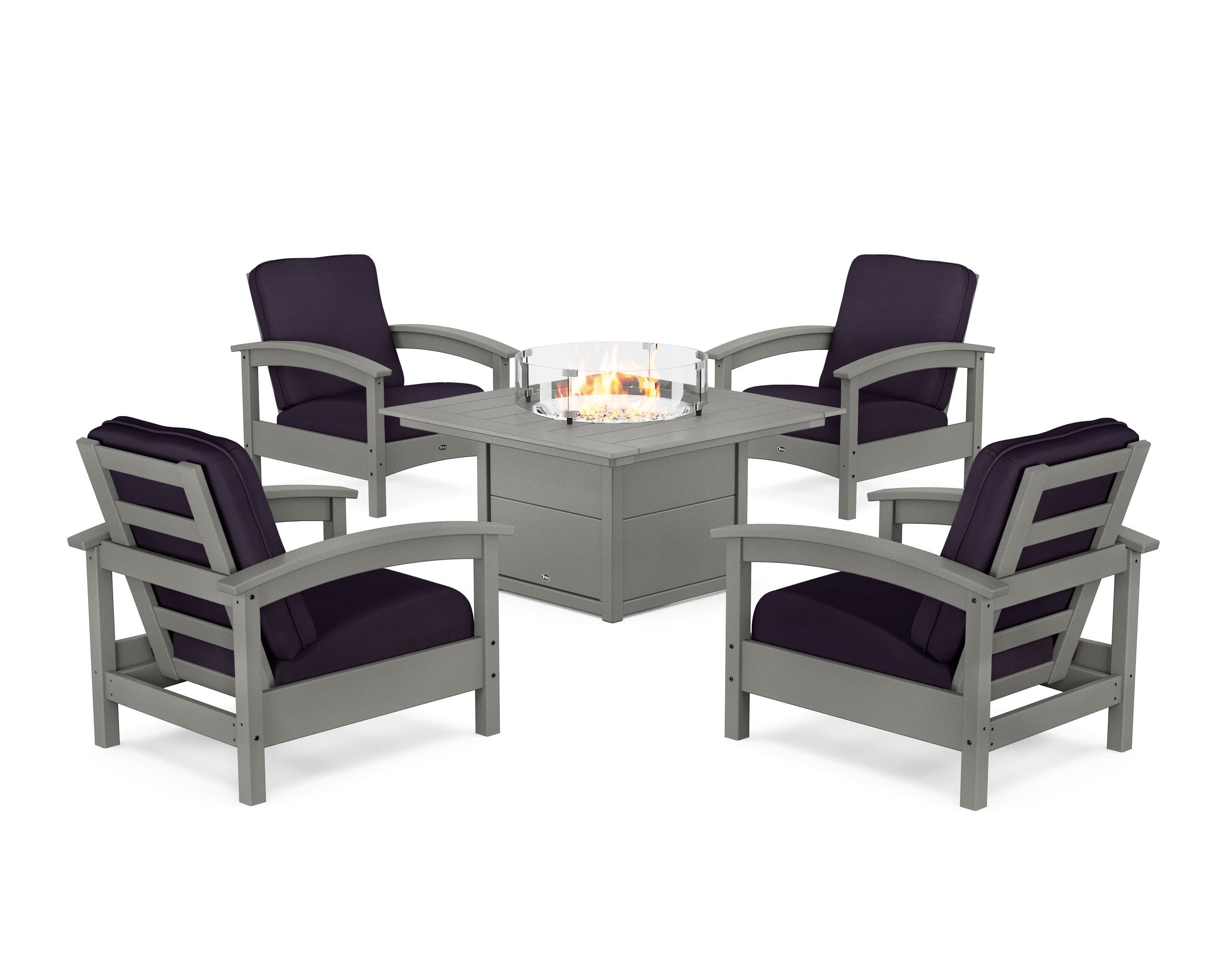 Rockport 5-Piece Deep Seating Set with Square Fire Pit Table in Stepping Stone / Navy Linen