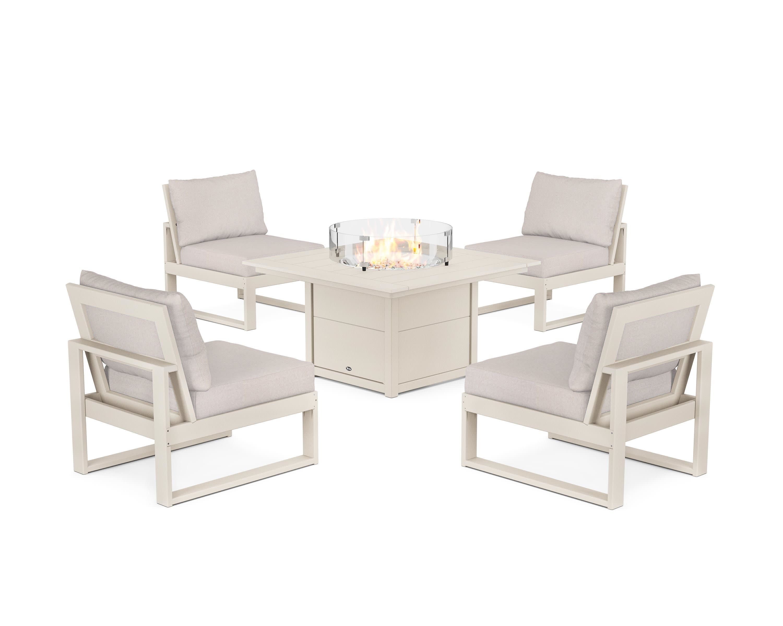 Eastport Modular 5-Piece Deep Seating Set with Square Fire Pit Table in Sand Castle / Dune Burlap