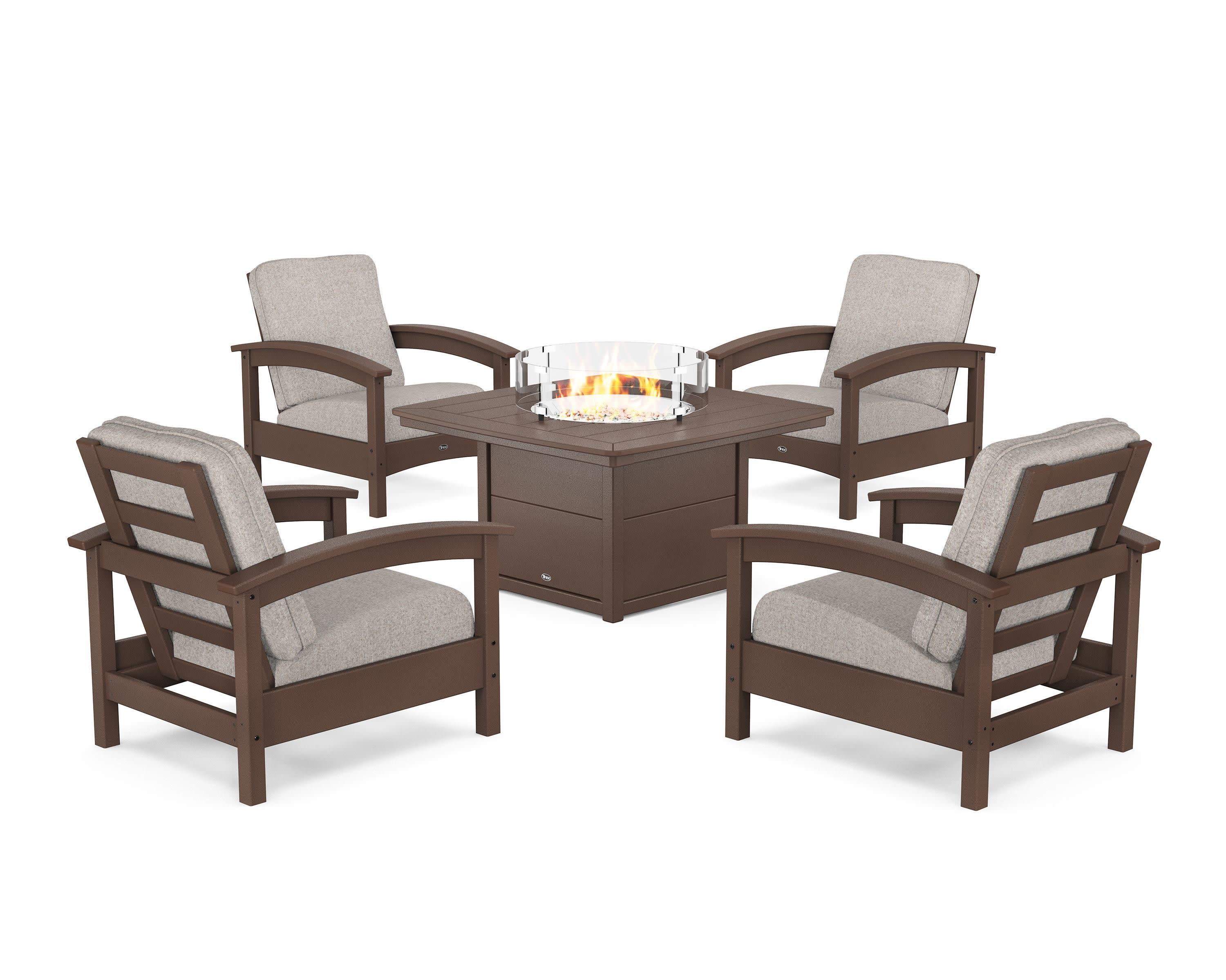 Rockport 5-Piece Deep Seating Set with Yacht Club Fire Pit Table in Vintage Lantern / Weathered Tweed