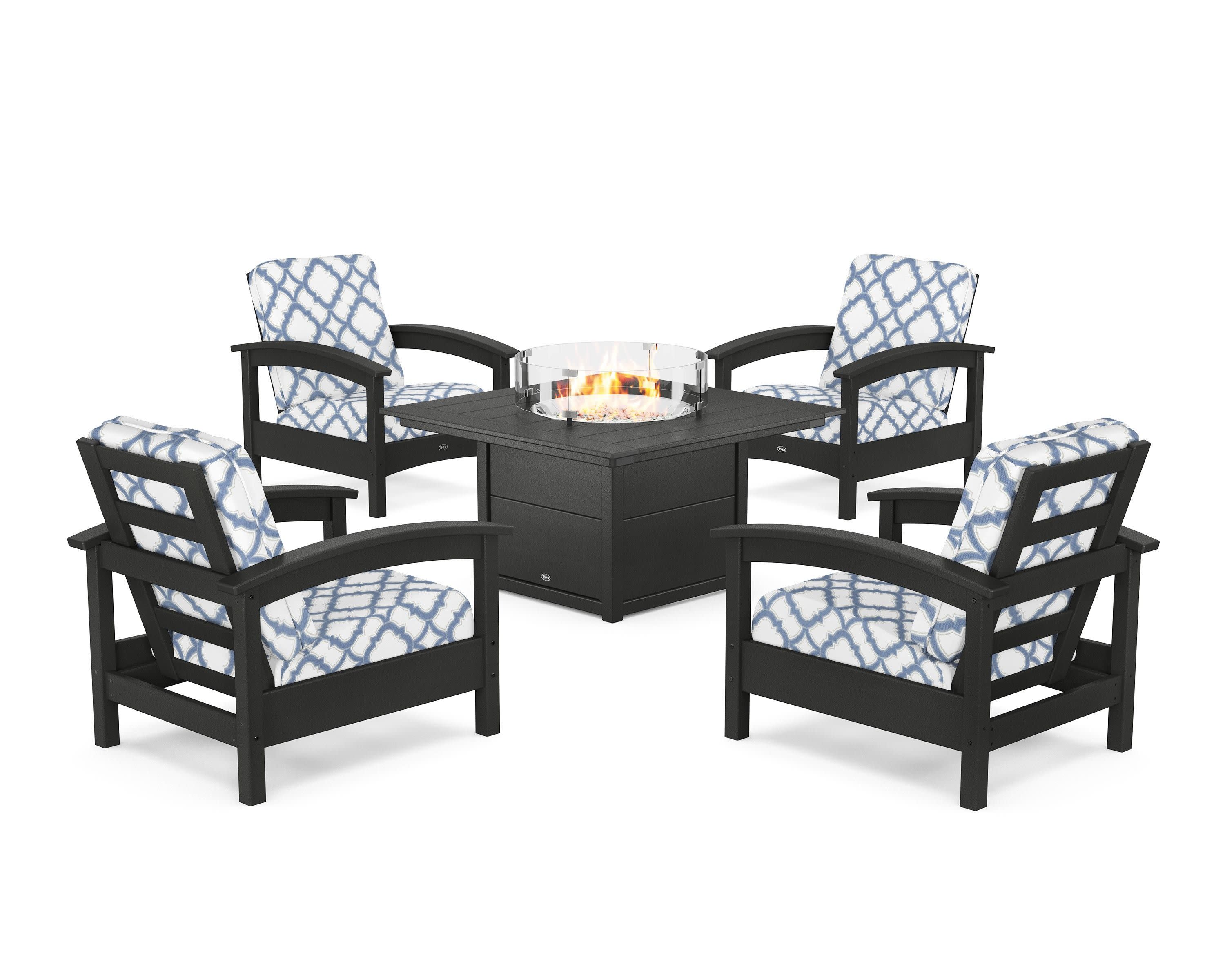Rockport 5-Piece Deep Seating Set with Square Fire Pit Table in Charcoal Black / Trellis Sky Blue