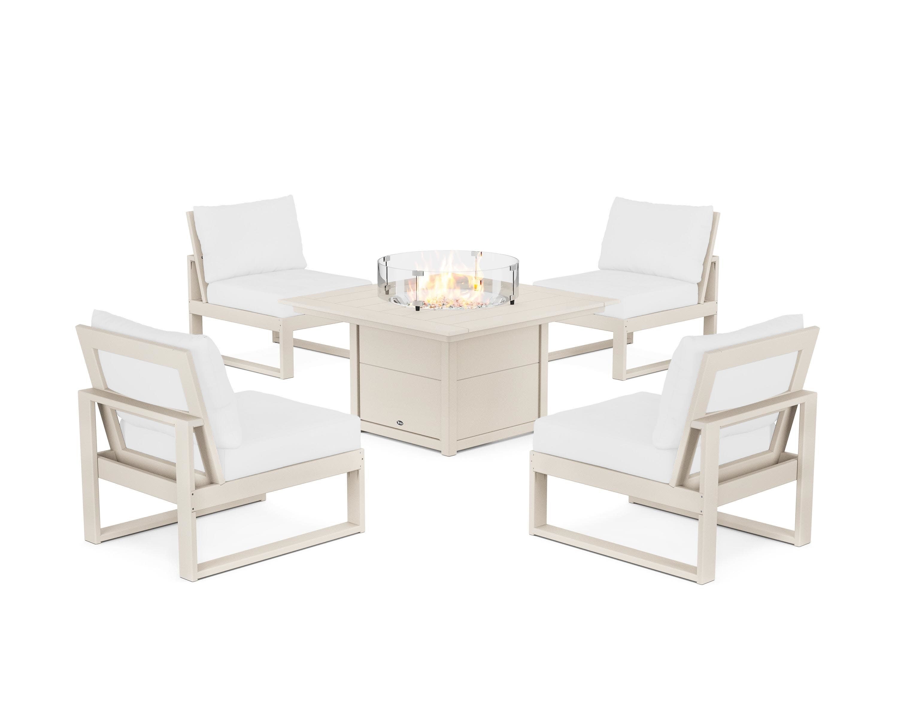Eastport Modular 5-Piece Deep Seating Set with Square Fire Pit Table in Sand Castle / Natural