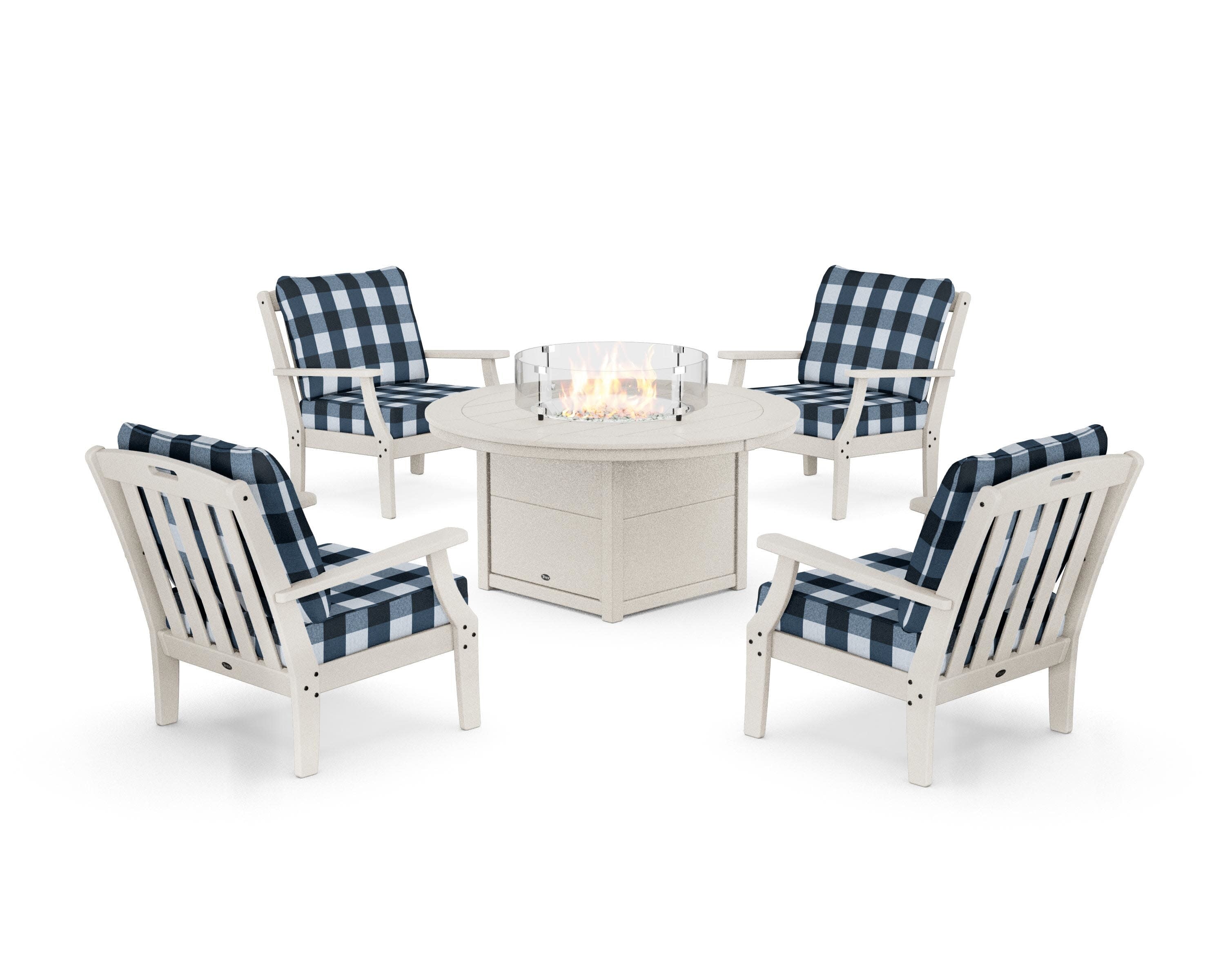 Yacht Club 5-Piece Deep Seating Set with Round Fire Pit Table in Sand Castle / Buffalo Plaid Marine Indigo