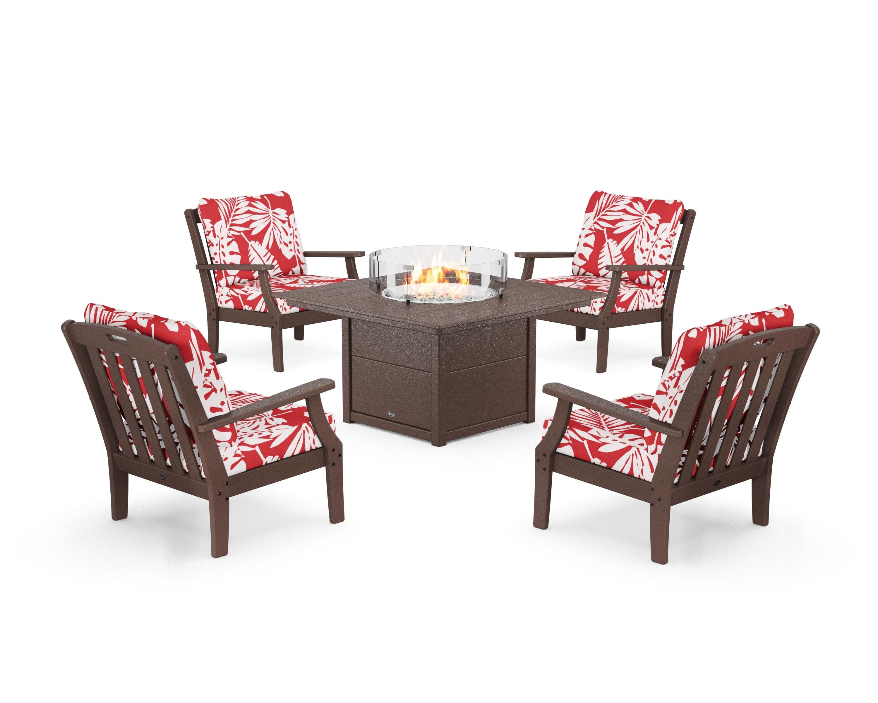 Yacht Club 5-Piece Deep Seating Set with Square Fire Pit Table in Vintage Lantern / Leaf Crimson