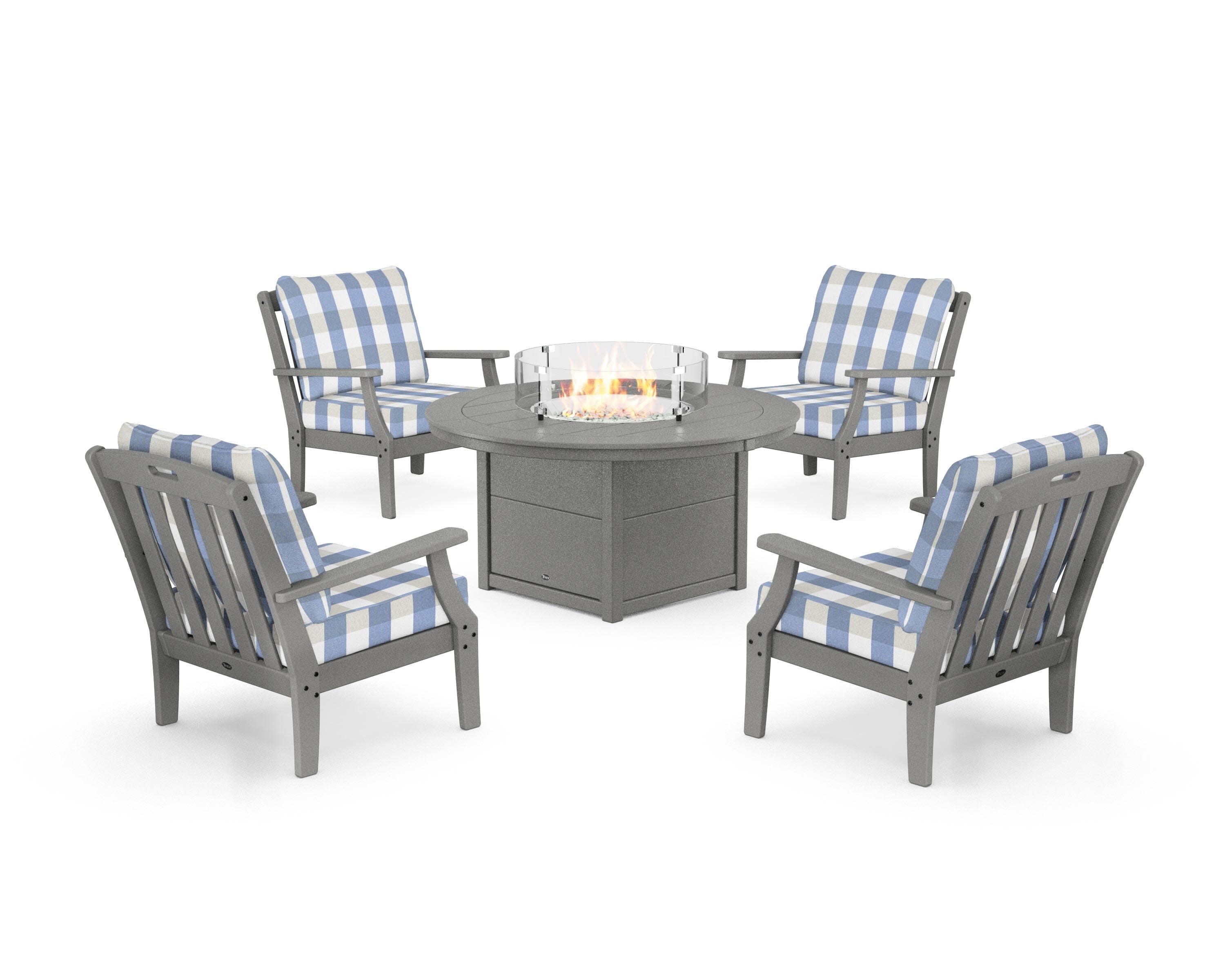 Yacht Club 5-Piece Deep Seating Set with Round Fire Pit Table in Stepping Stone / Buffalo Plaid Sky Blue