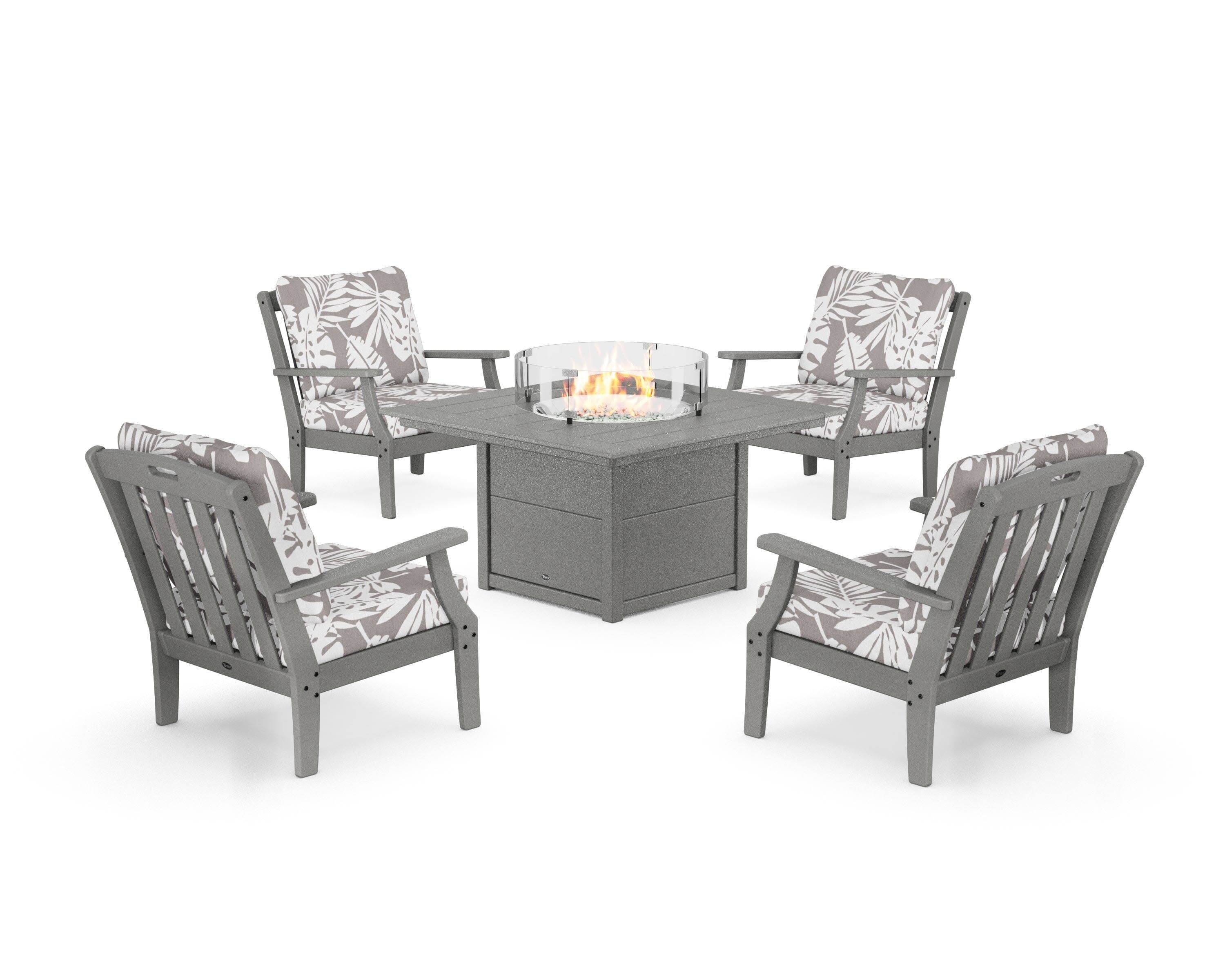 Yacht Club 5-Piece Deep Seating Set with Square Fire Pit Table in Stepping Stone / Leaf Grey Mist