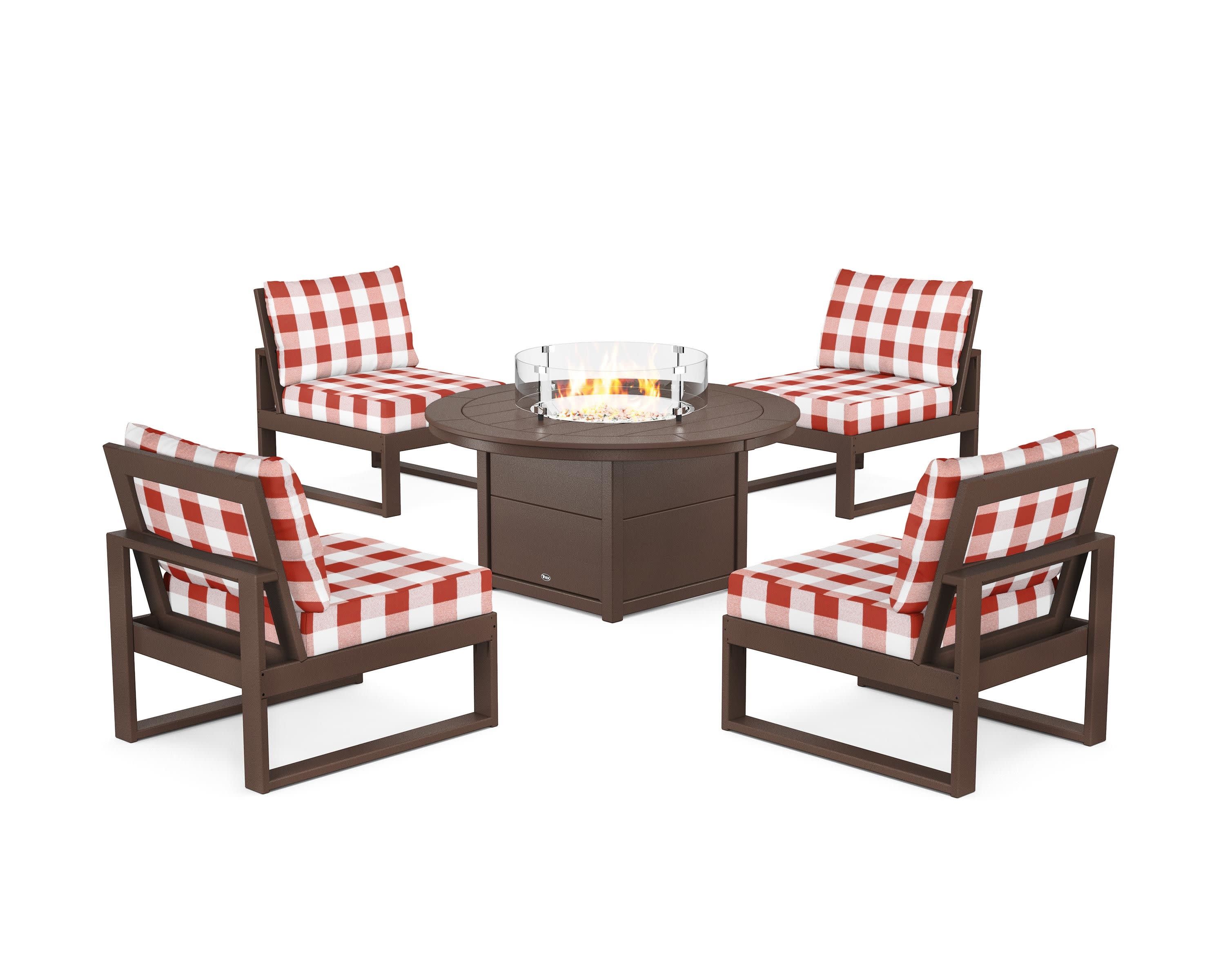 Eastport Modular 5-Piece Deep Seating Set with Round Fire Pit Table in Vintage Lantern / Buffalo Plaid Crimson