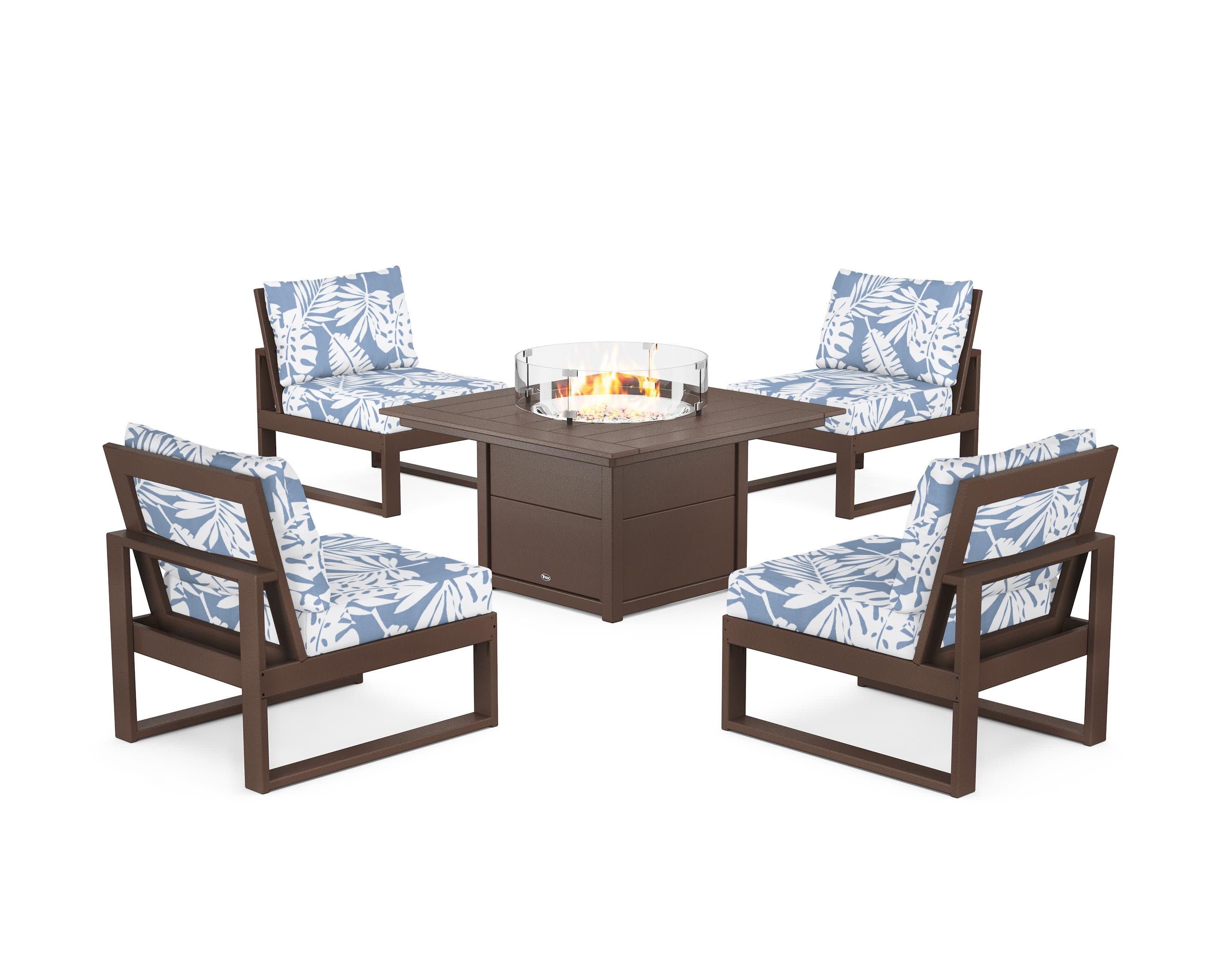 Eastport Modular 5-Piece Deep Seating Set with Square Fire Pit Table in Vintage Lantern / Leaf Sky Blue