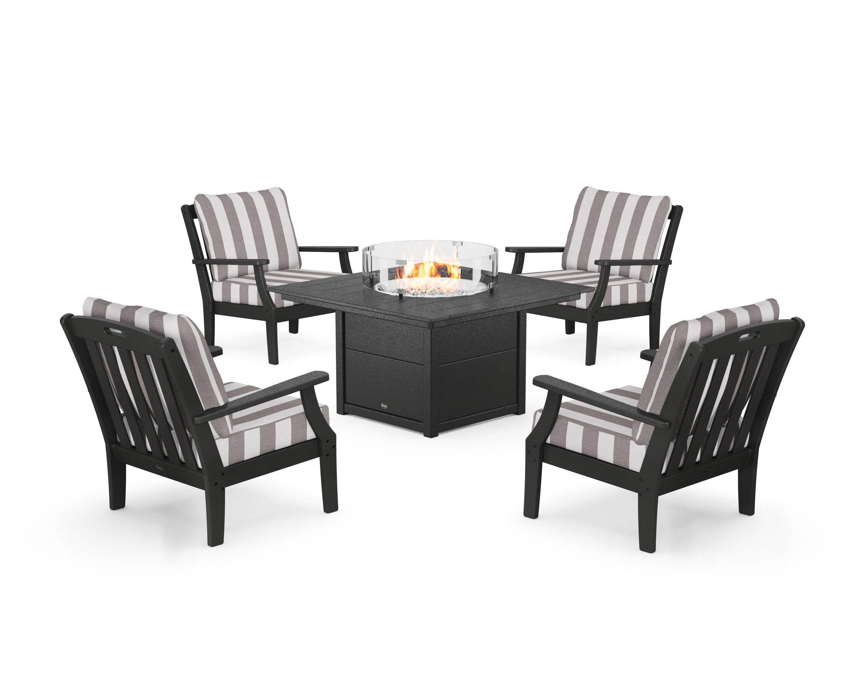 Yacht Club 5-Piece Deep Seating Set with Square Fire Pit Table in Charcoal Black / Cabana Stripe Grey Mist