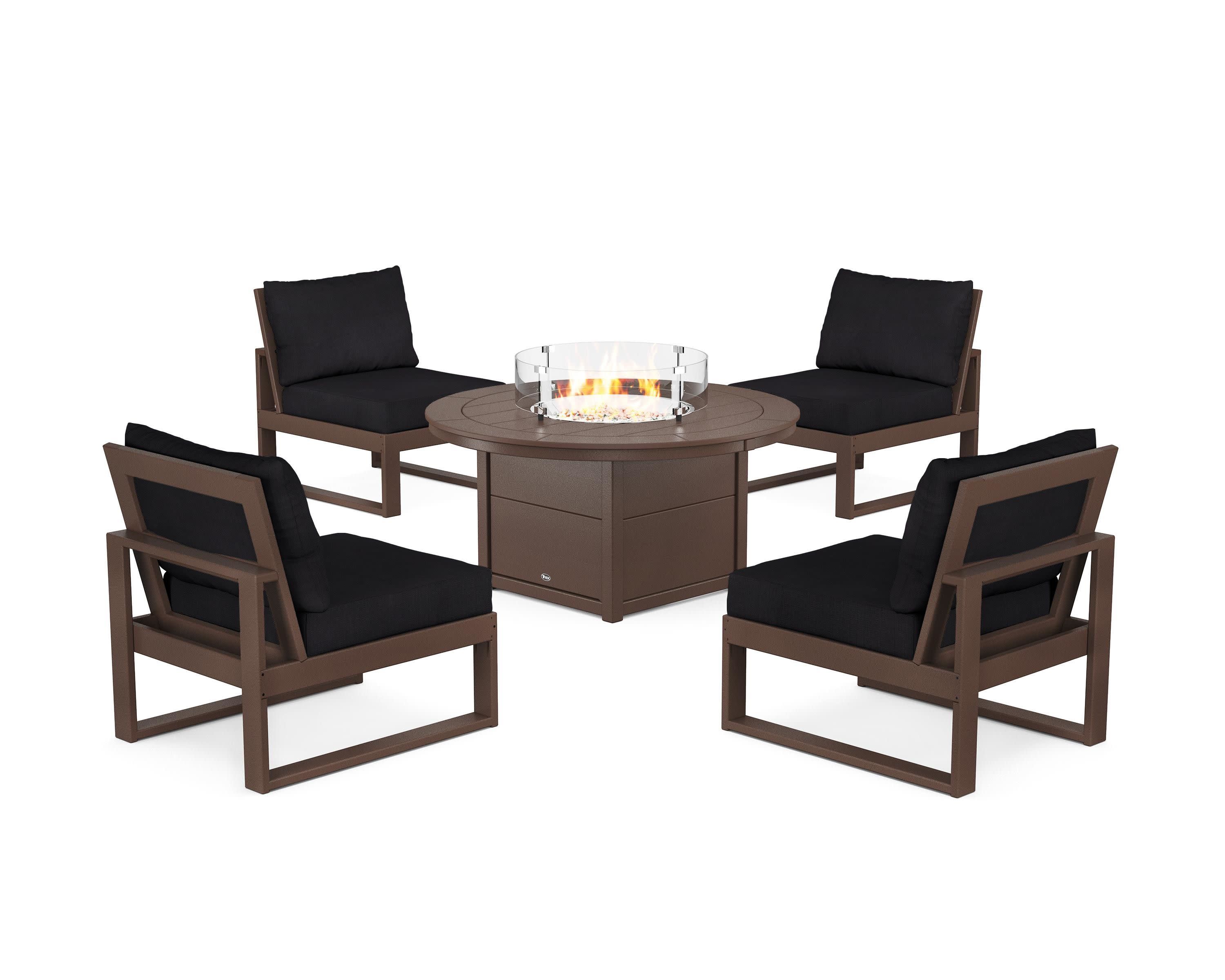 Eastport Modular 5-Piece Deep Seating Set with Round Fire Pit Table in Vintage Lantern / Midnight Linen