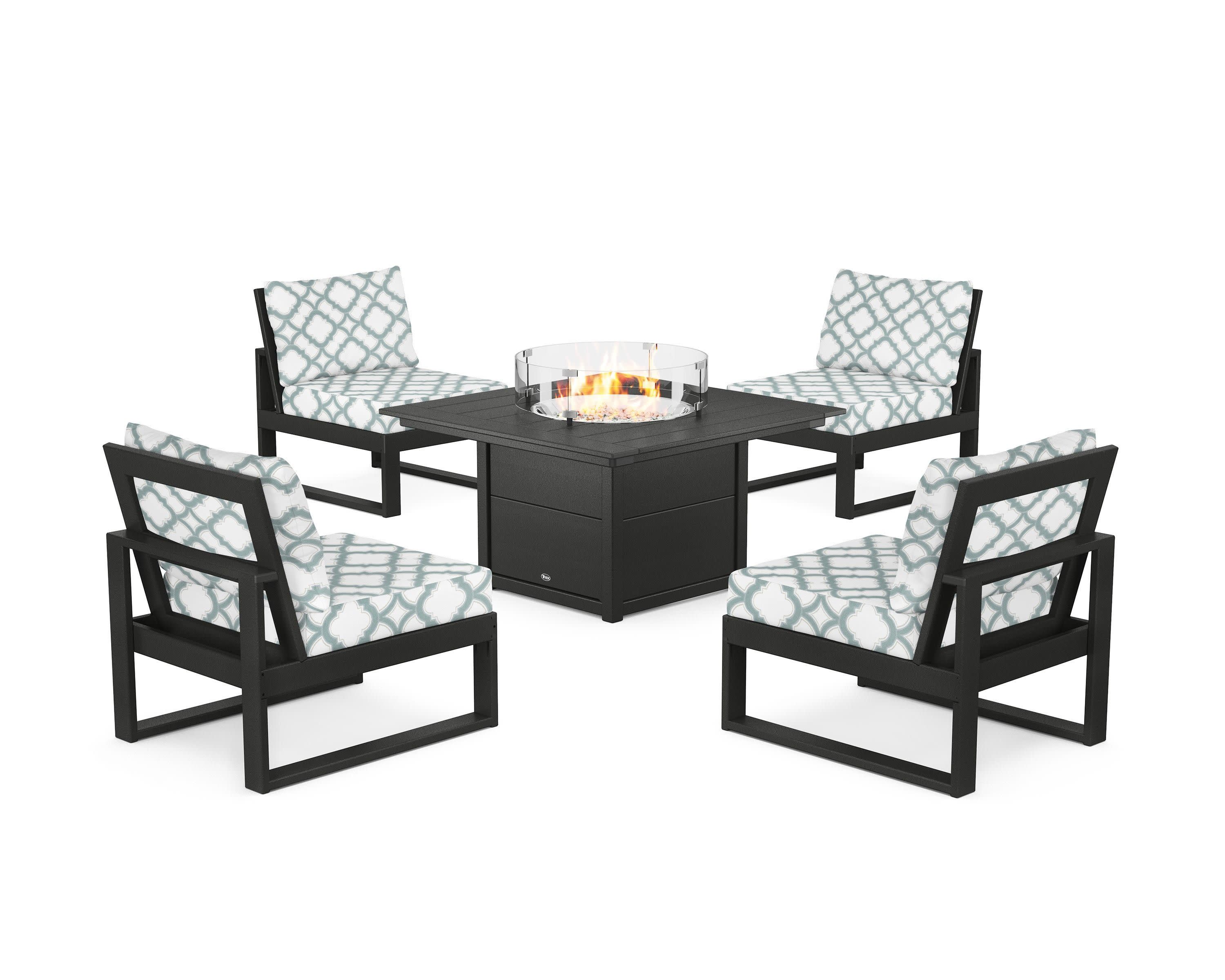 Eastport Modular 5-Piece Deep Seating Set with Square Fire Pit Table in Charcoal Black / Trellis Glacier Spa