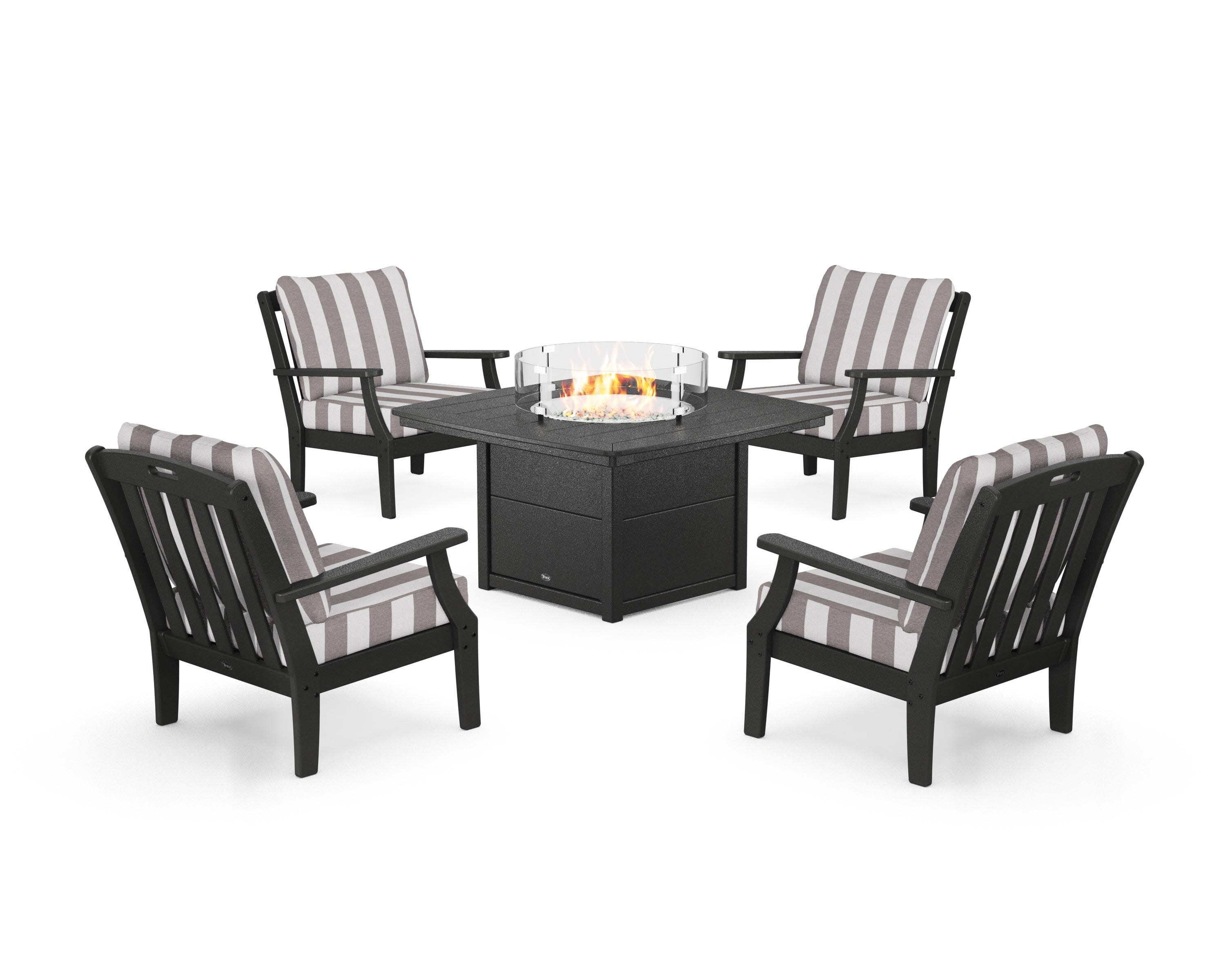Yacht Club 5-Piece Deep Seating Set with Fire Pit Table in Charcoal Black / Cabana Stripe Grey Mist