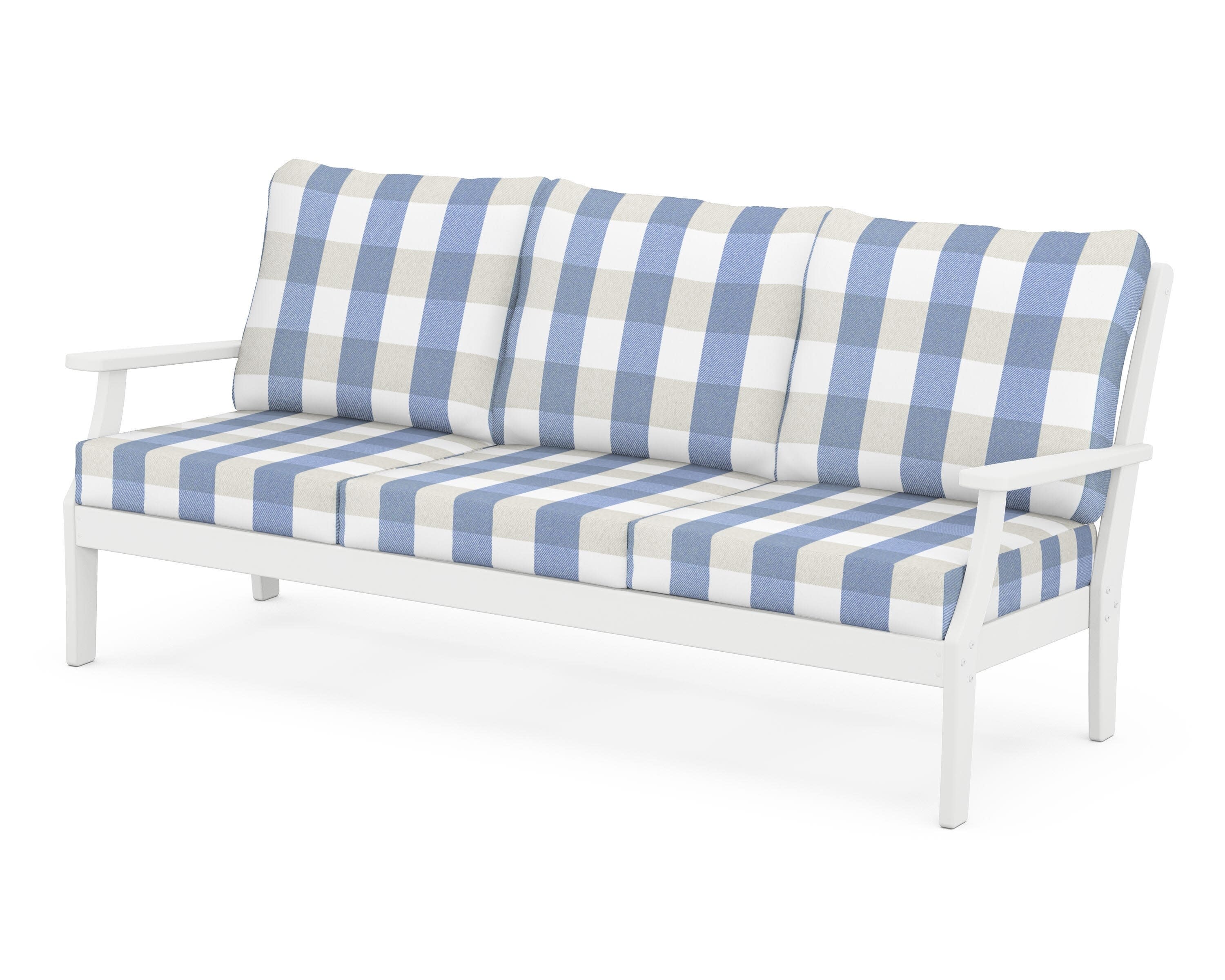 Yacht Club Deep Seating Sofa in Classic White / Buffalo Plaid Sky Blue