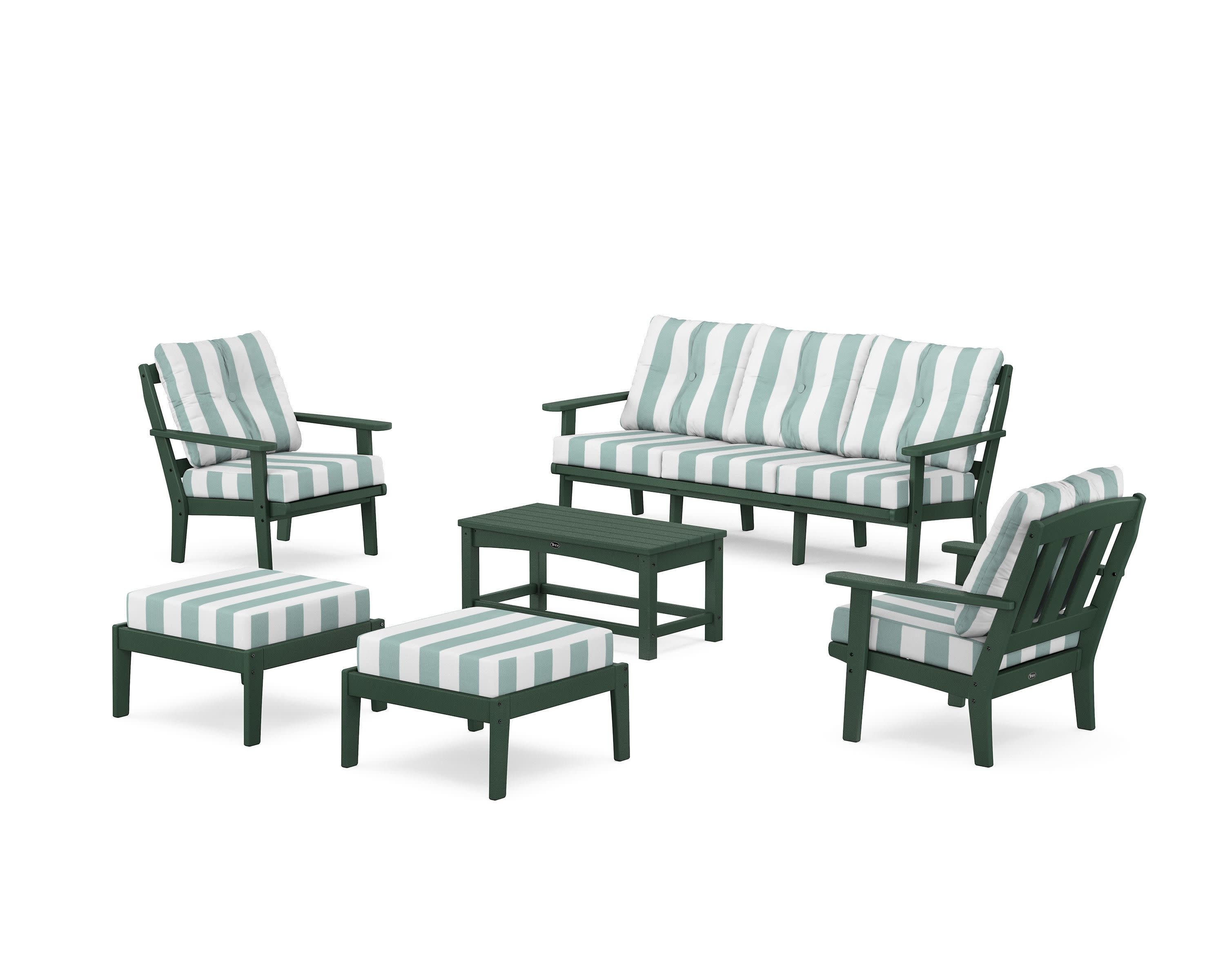 Cape Cod 6-Piece Lounge Sofa Set in Rainforest Canopy / Cabana Stripe Glacier Spa
