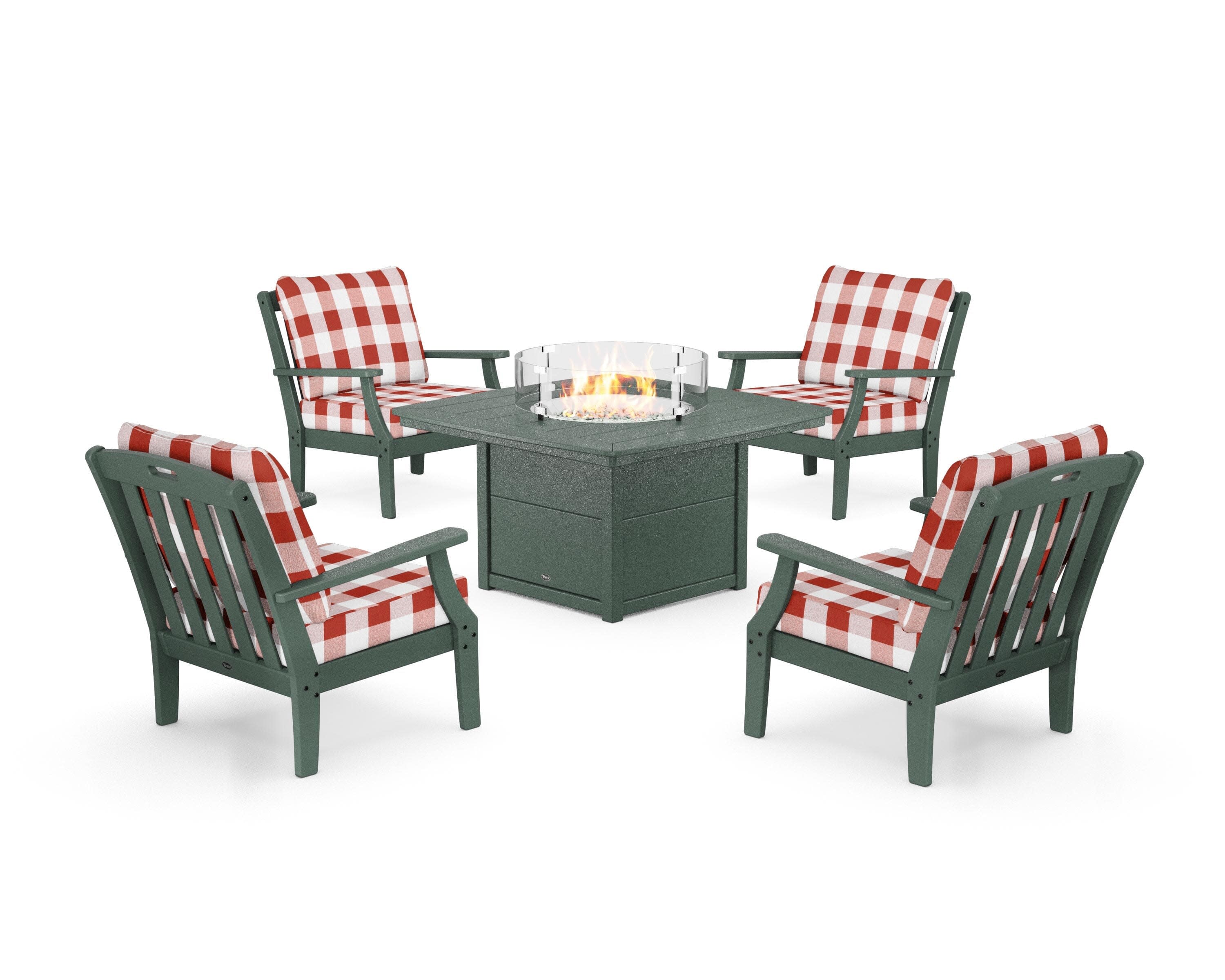 Yacht Club 5-Piece Deep Seating Set with Fire Pit Table in Rainforest Canopy / Buffalo Plaid Crimson