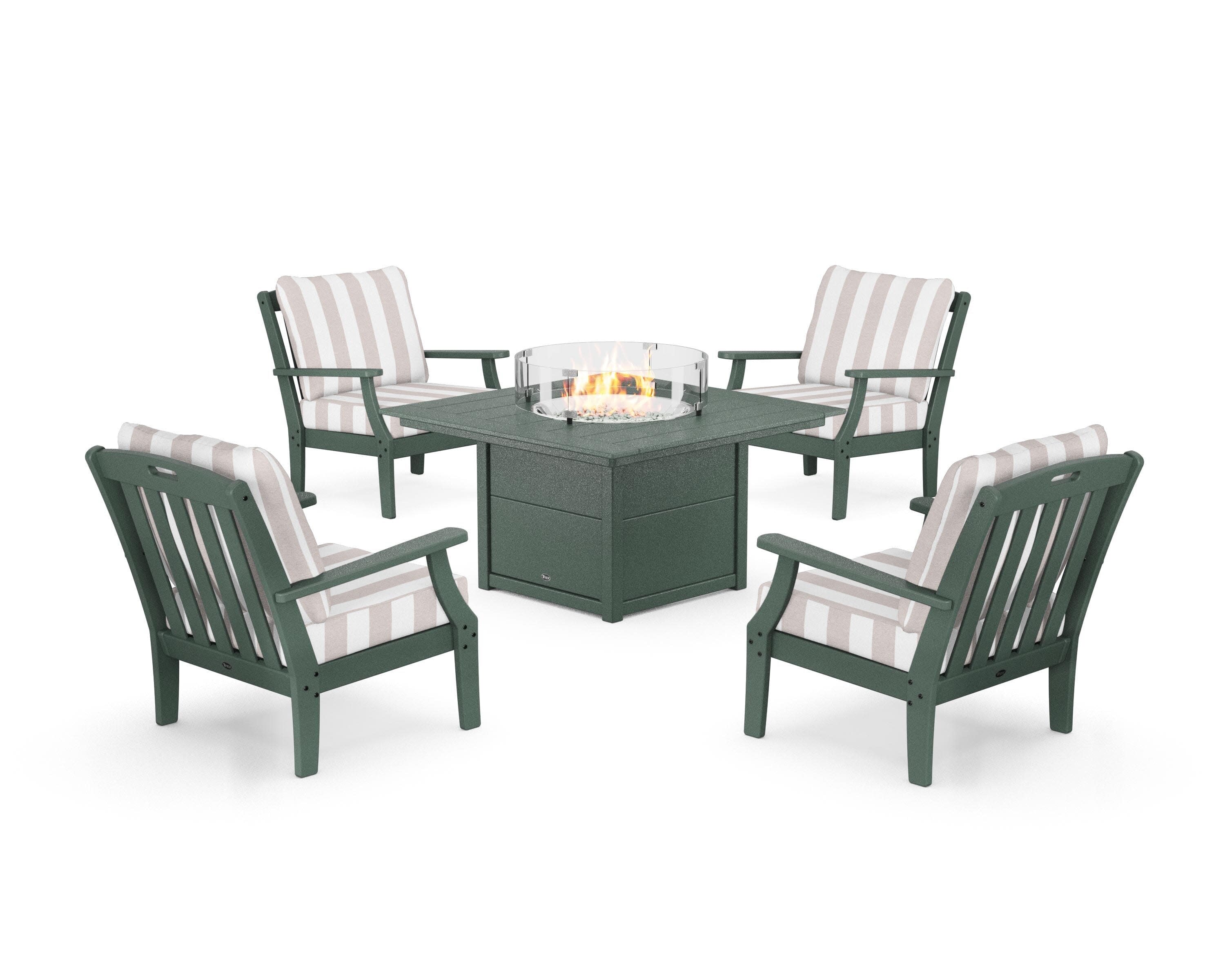 Yacht Club 5-Piece Deep Seating Set with Square Fire Pit Table in Rainforest Canopy / Cabana Stripe Dune Burlap