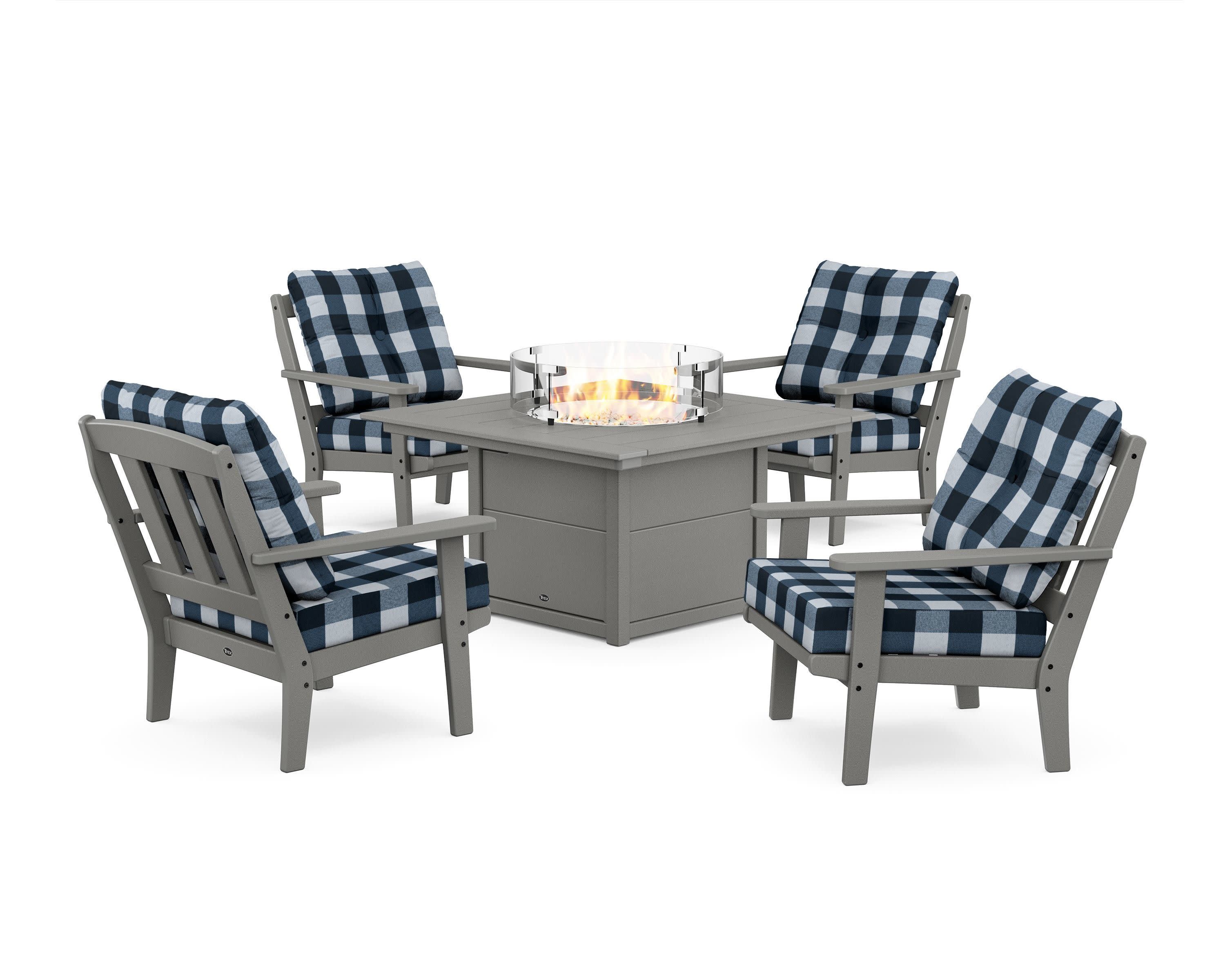 Cape Cod 5-Piece Deep Seating Set with Fire Pit Table in Stepping Stone / Buffalo Plaid Marine Indigo