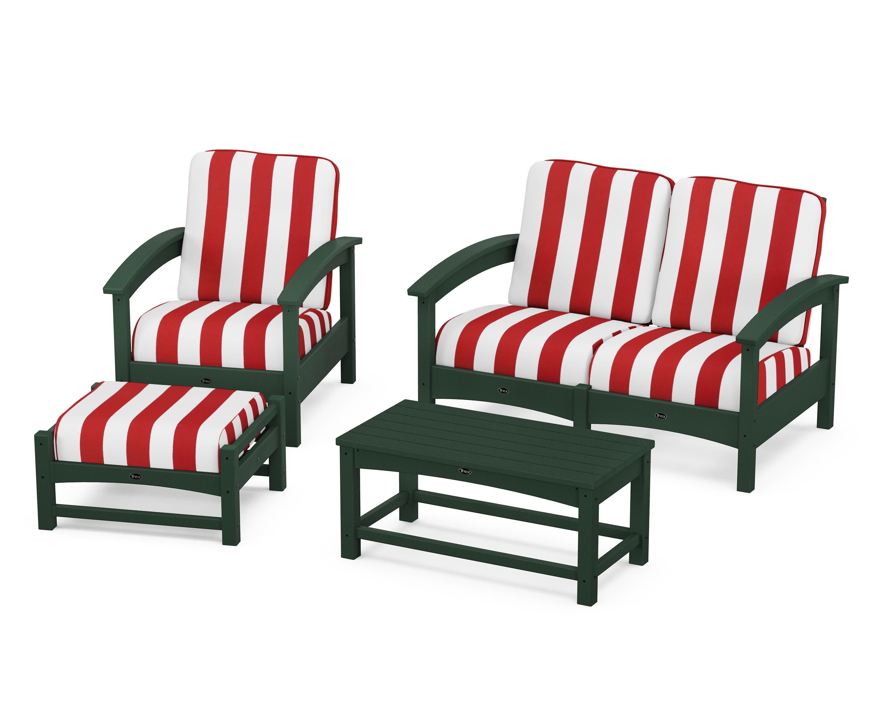 Rockport 4-Piece Deep Seating Conversation Group in Rainforest Canopy / Cabana Stripe Crimson