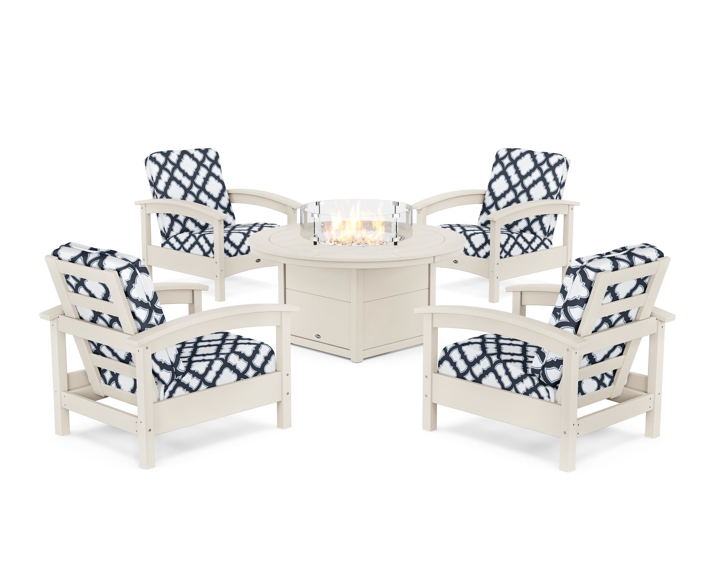 Rockport 5-Piece Deep Seating Set with Round Fire Pit Table in Sand Castle / Trellis Marine Indigo