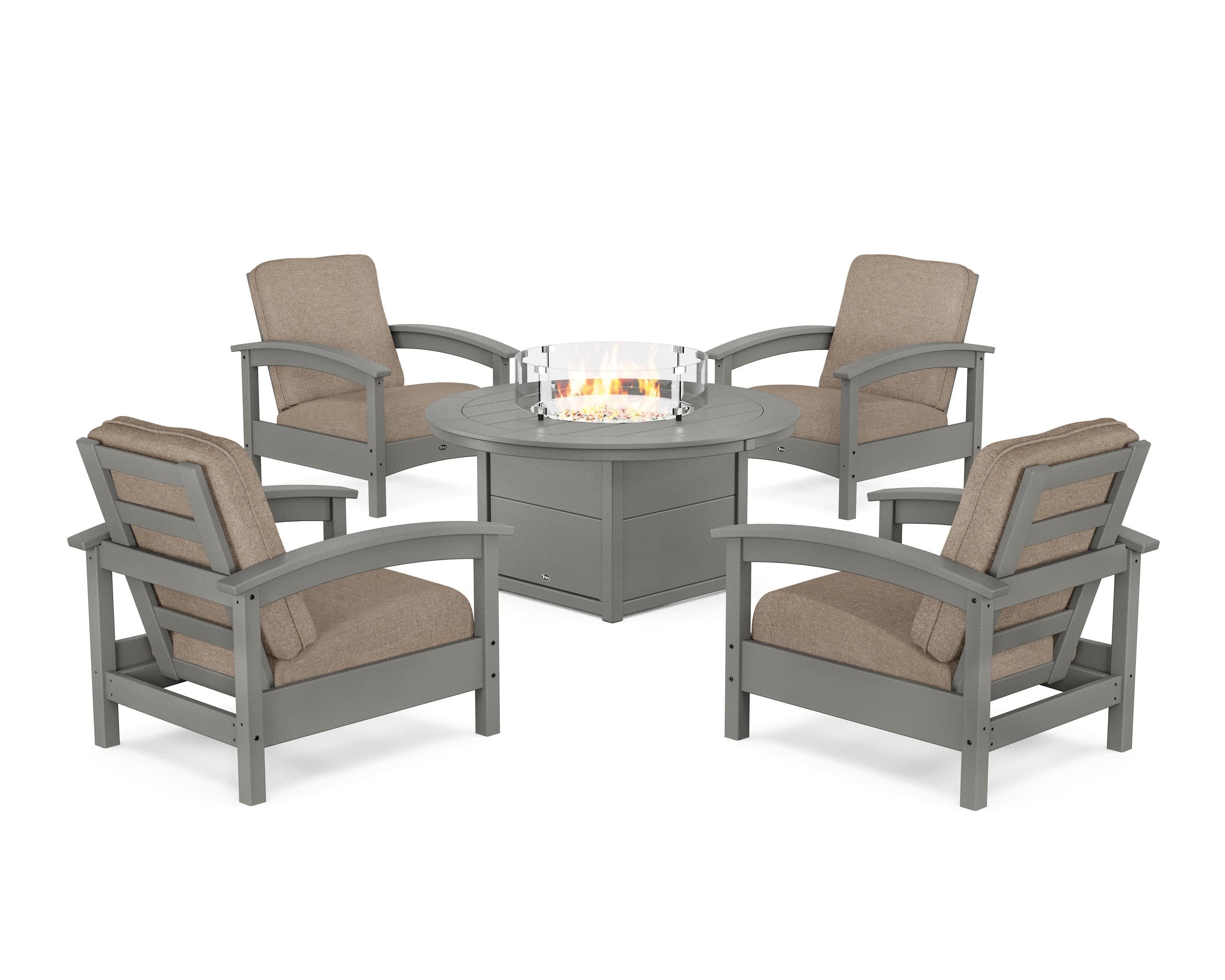 Rockport 5-Piece Deep Seating Set with Round Fire Pit Table in Stepping Stone / Spiced Burlap
