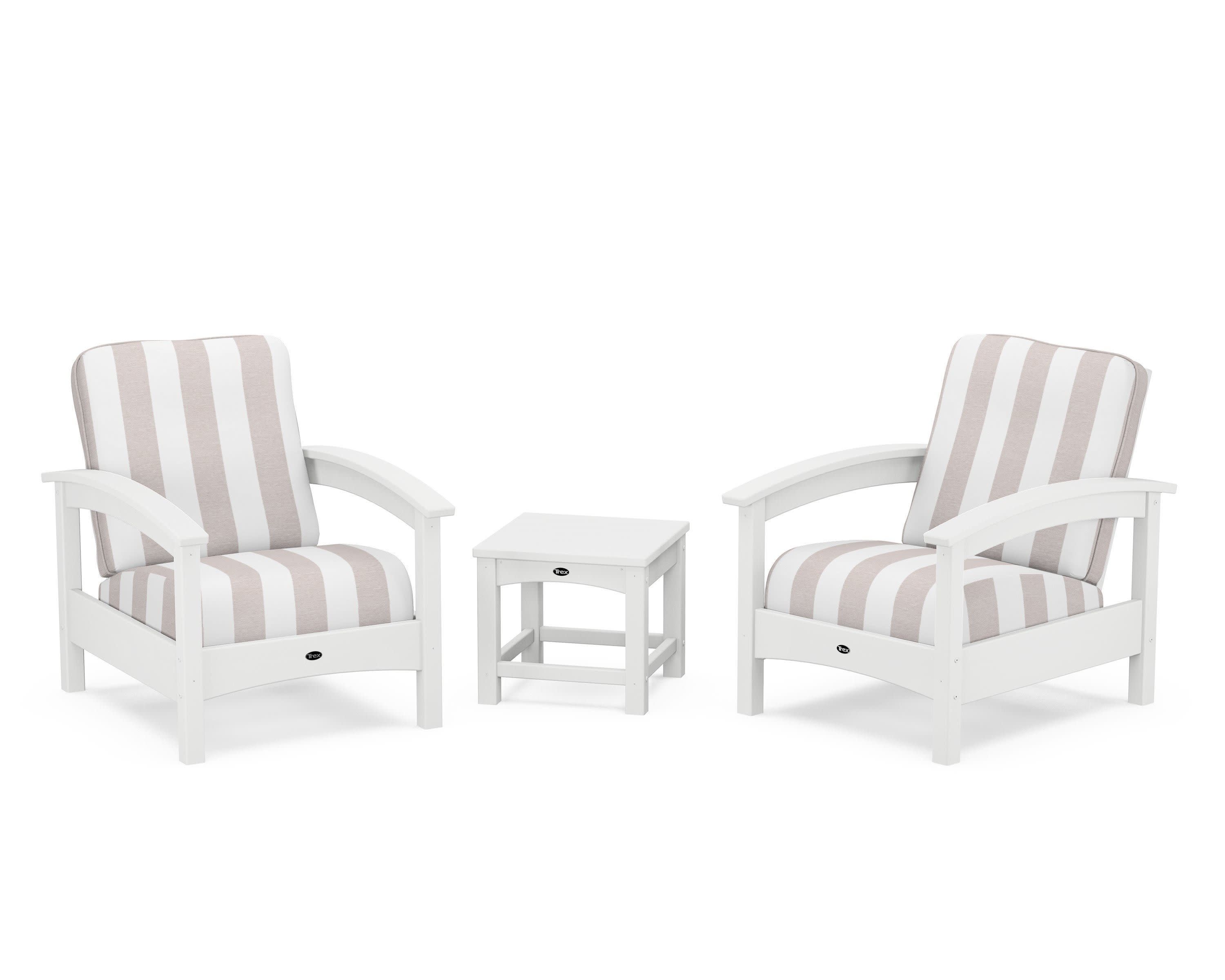 Rockport Club 3-Piece Deep Seating Conversation Set in Classic White / Cabana Stripe Dune Burlap
