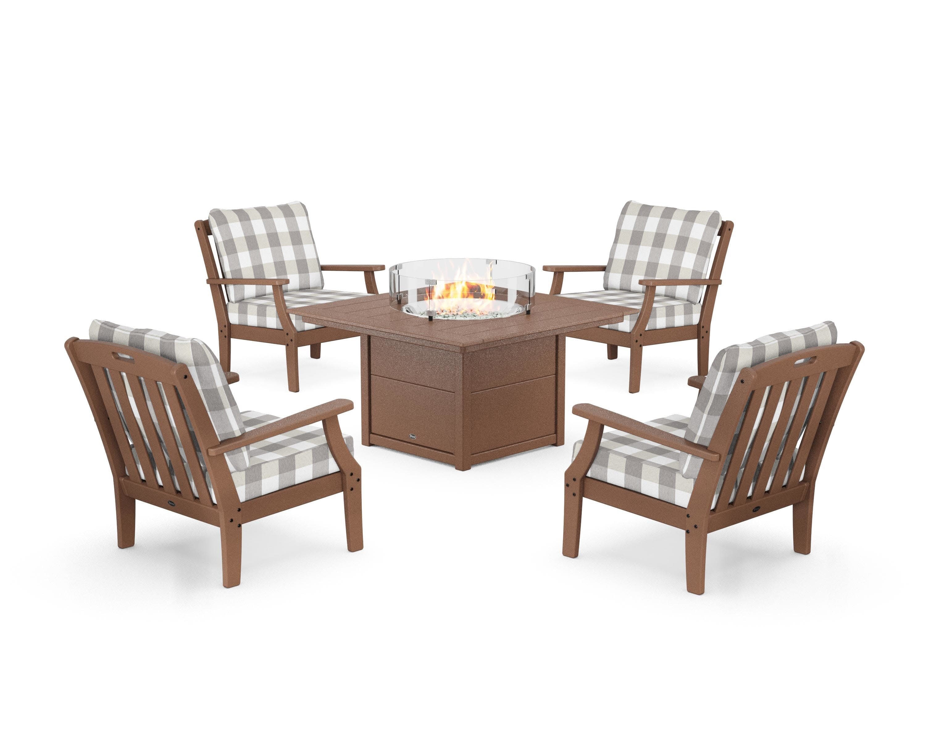 Yacht Club 5-Piece Deep Seating Set with Square Fire Pit Table in Tree House / Buffalo Plaid Grey Mist