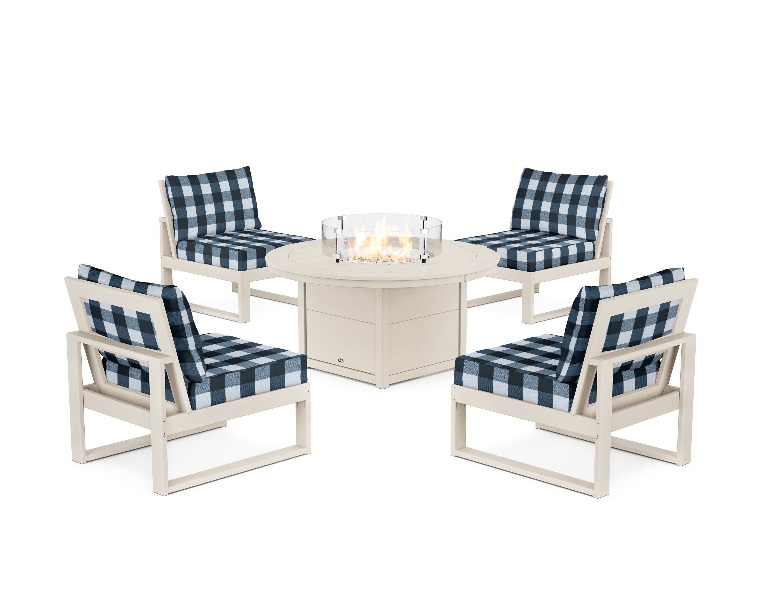 Eastport Modular 5-Piece Deep Seating Set with Round Fire Pit Table in Sand Castle / Buffalo Plaid Marine Indigo